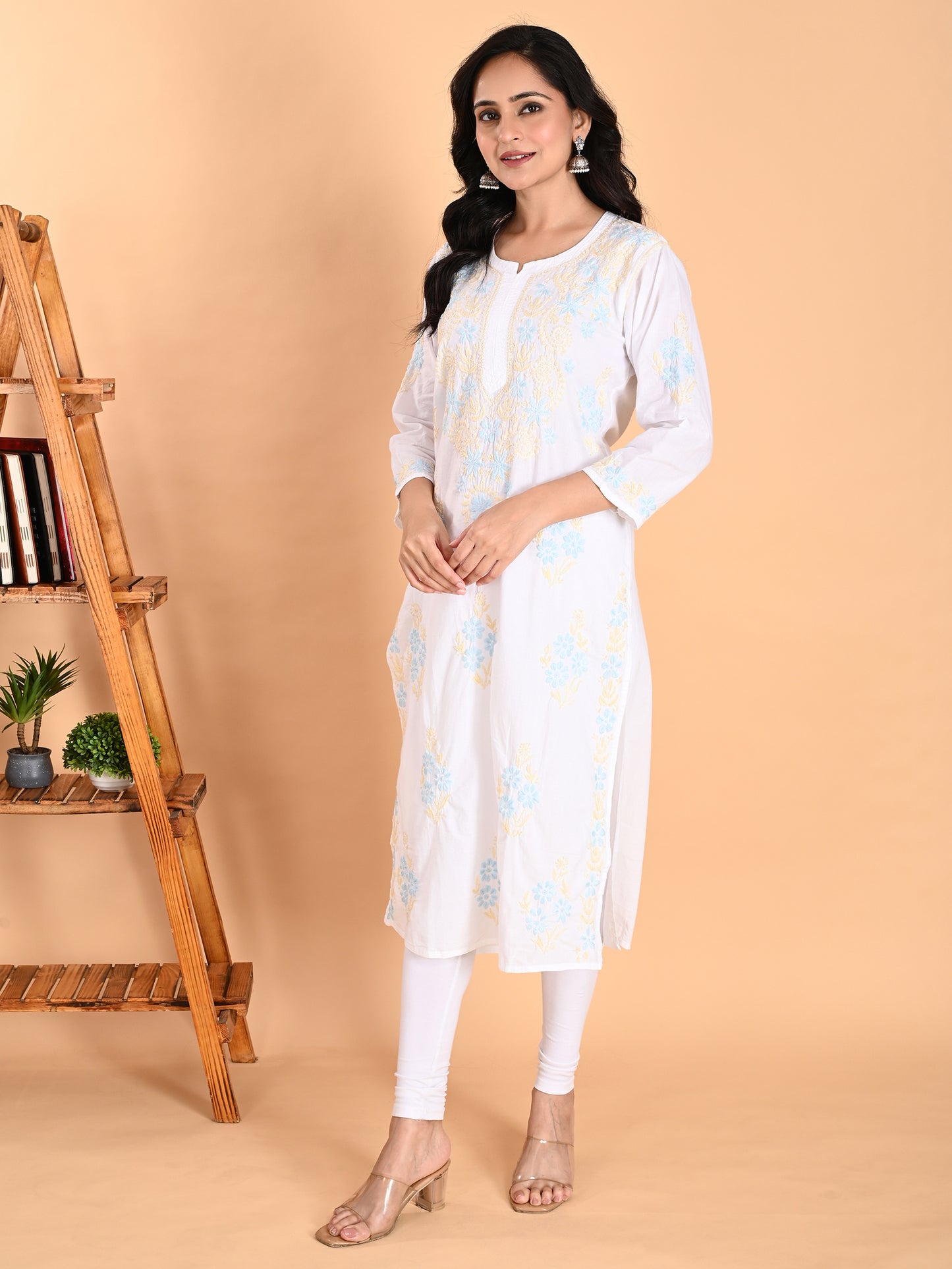 White Cotton Lucknowi Chikankari Long Kurta for Women with Blue & Golden Thread Hand Embroidery – Ethnic Wear Kurti