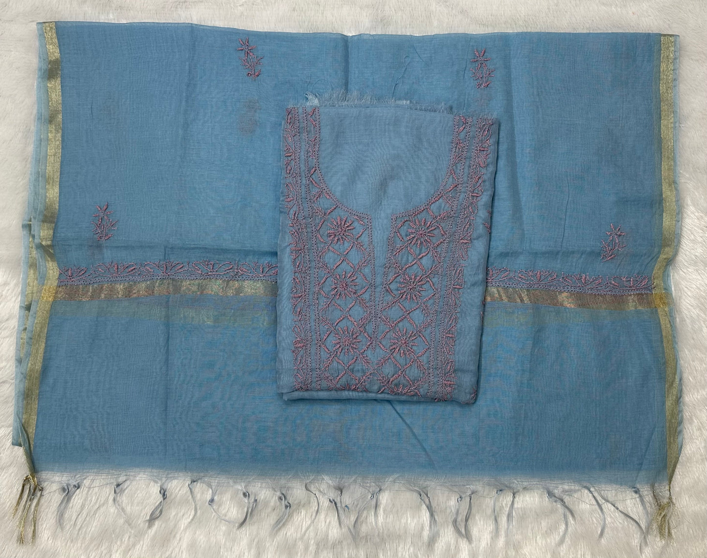 Pure Mul Chanderi Lucknowi Chikankari Unstitched Suit for Women with Dupatta – Hand Embroidered Ethnic Dress Material (2 Piece Set) - Sky Blue