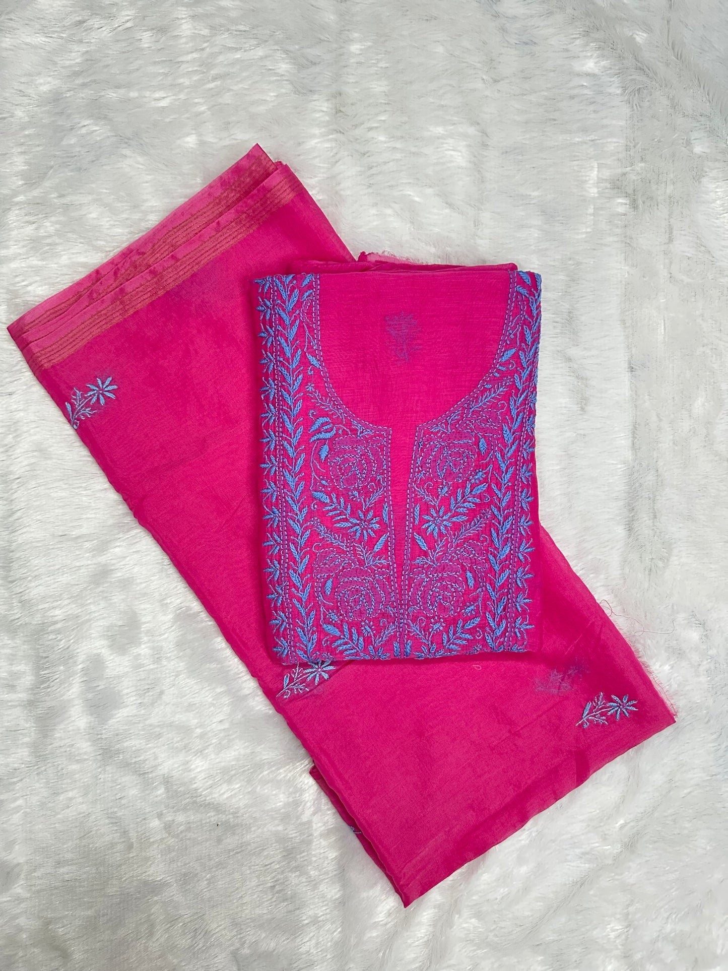 Pure Mul Chanderi Lucknowi Chikankari Unstitched Suit for Women with Dupatta – Hand Embroidered Ethnic Dress Material (2 Piece Set) - Magenta