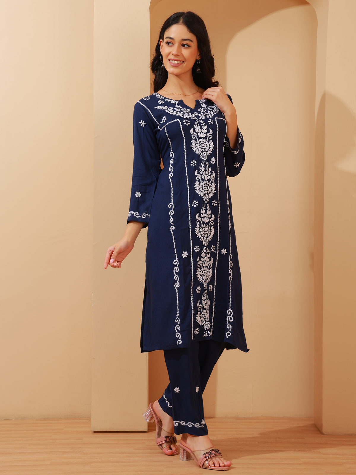 Nazaira Rayon Chikankari Kurta Pant Set for Women | Navy Blue Lucknowi Hand Embroidery Long Kurti with Pant & Pockets | Handmade Ethnic Wear for Women | Modern Traditional Handwork