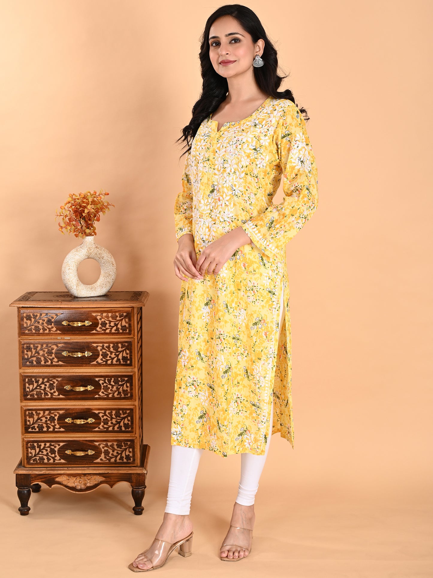 Yellow Mul Cotton Lucknowi Chikankari Floral Printed Long Kurti for Women with Hand Embroidery – Elegant Ethnic Wear Kurta