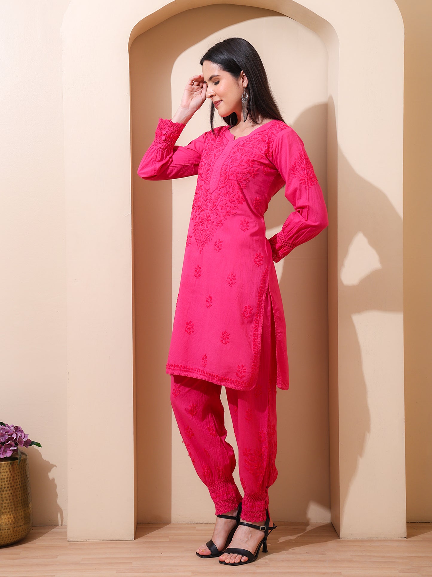 Nazaira Women’s Cotton Chikankari Kurta Pant Set | Hand Embroidered Lucknowi Chikankari Afghani Set for Women | Ethnic Kurti Set with Bottom Wear | Magenta