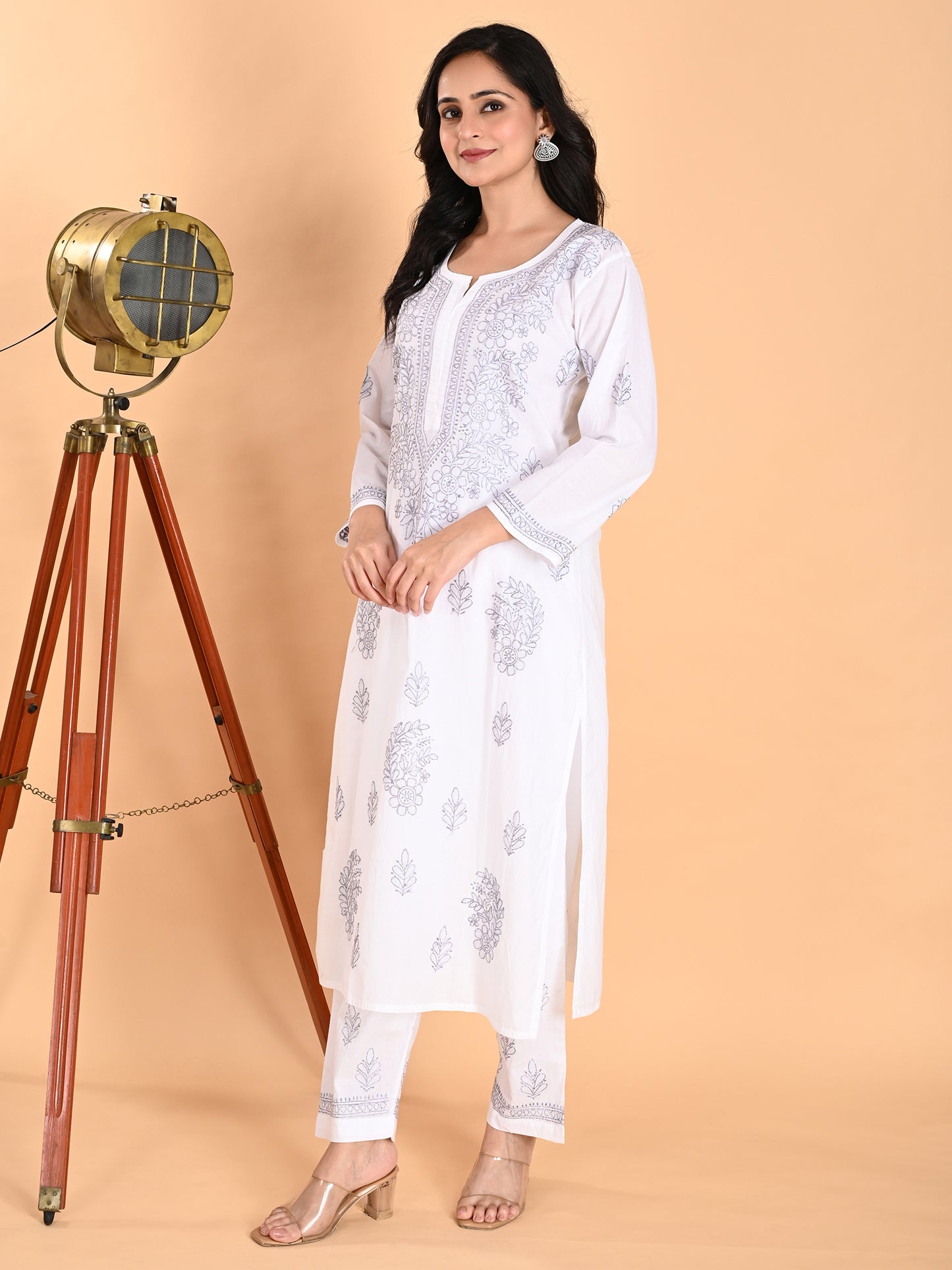 White Cotton Lucknowi Chikankari Kurta with Pajama Set for Women with Grey Thread Hand Embroidery – Ethnic Wear Suit Set