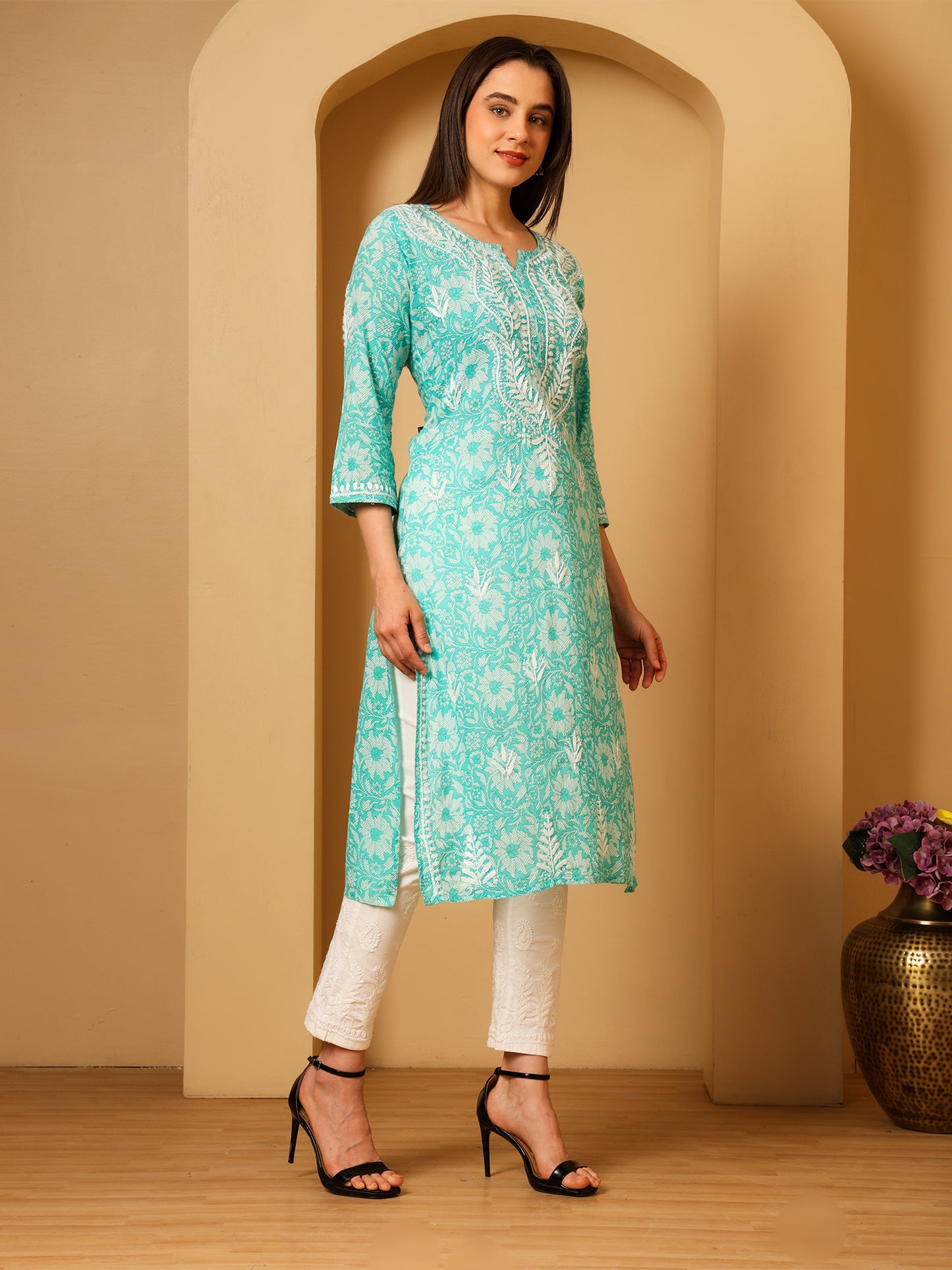 Nazaira Mulmul Cotton Chikankari Kurta for Women Aqua Green | Hand Embroidered Lucknow Chikankari Kurti | Ethnic Wear Long Kurta for Women | Handmade Luckhnawi Chickankari Kurta
