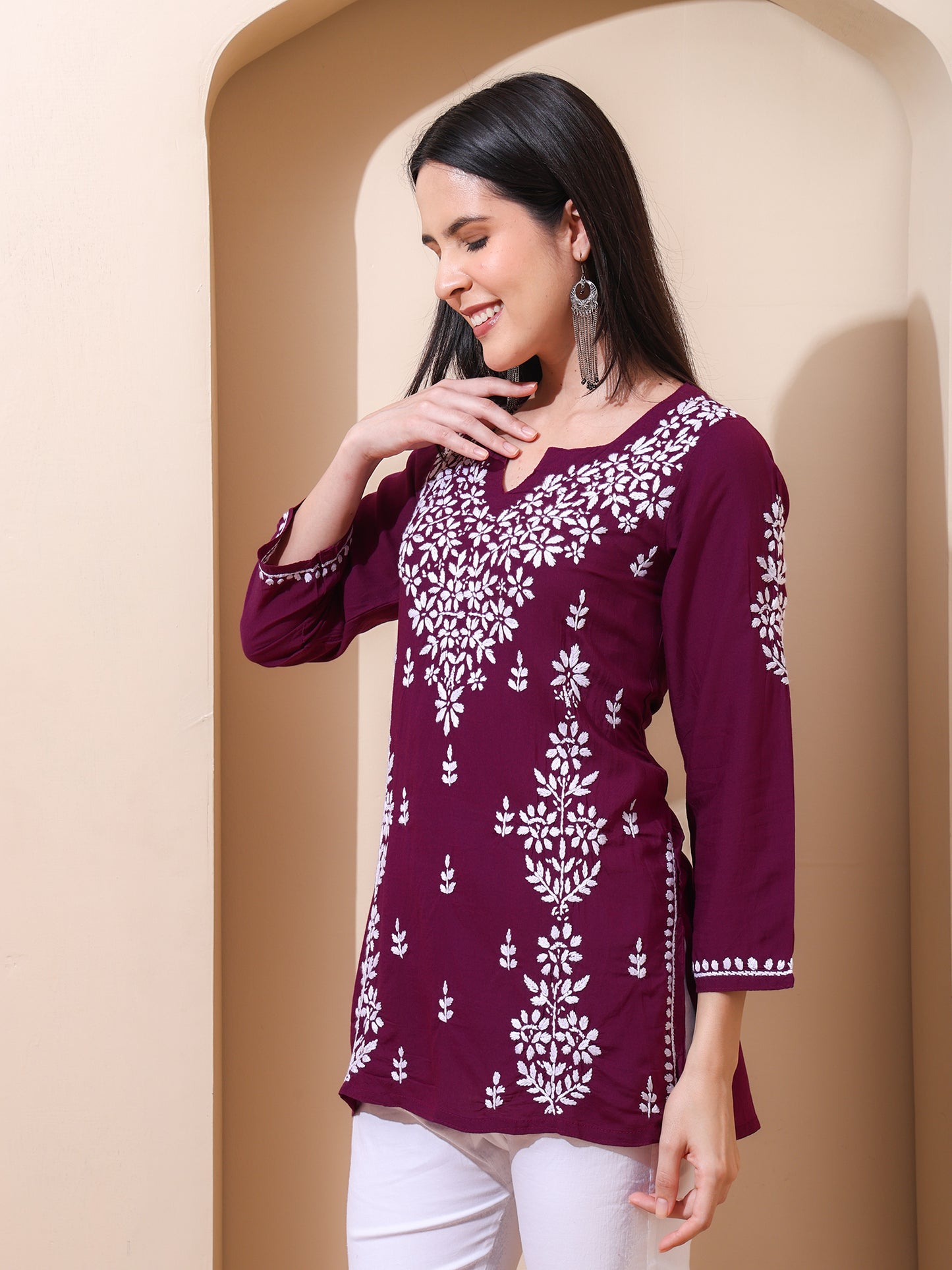 Nazaira Women’s Modal Lucknow Chikankari Short Kurta | Hand Embroidered Luckhnawi Kurti for Women | Ethnic Wear Tunic Top with Panel Work | Wine