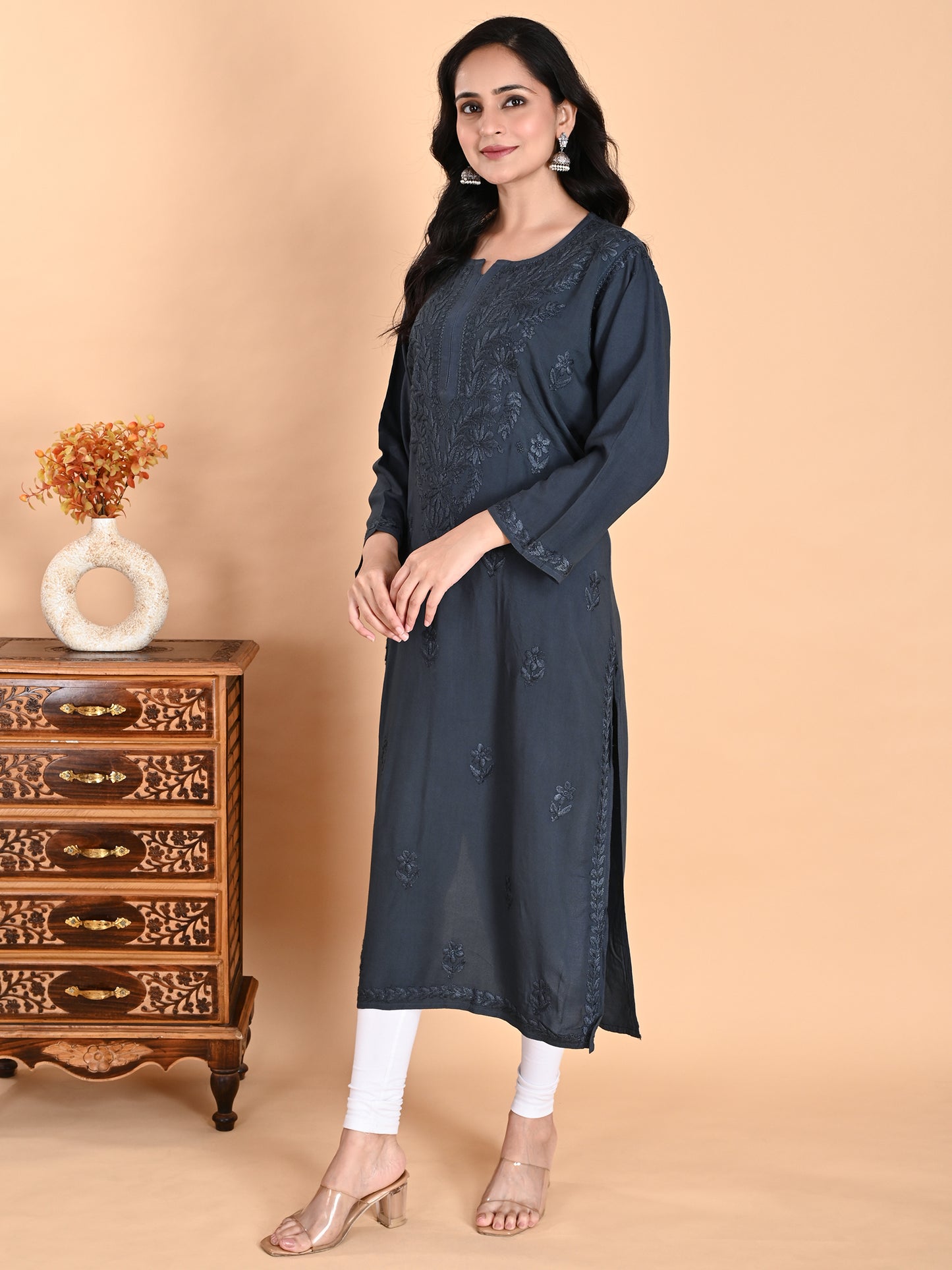 Green Rayon Lucknowi Chikankari Long Kurta for Women with Hand Embroidery – Elegant Traditional Ethnic Wear Kurti
