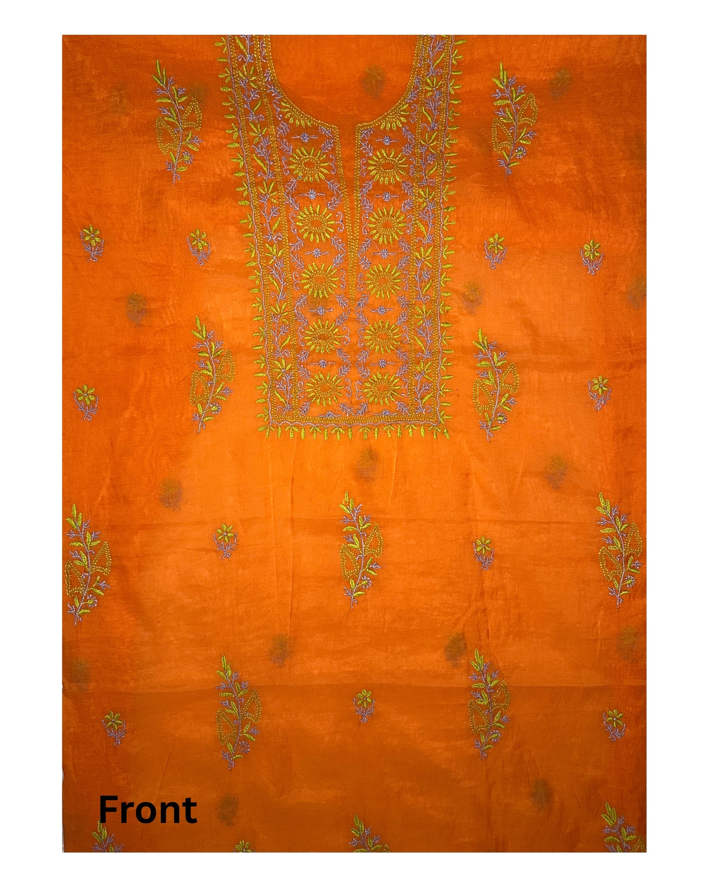 Pure Mul Chanderi Lucknowi Chikankari Unstitched Suit for Women with Dupatta – Hand Embroidered Ethnic Dress Material (2 Piece Set) - Orange