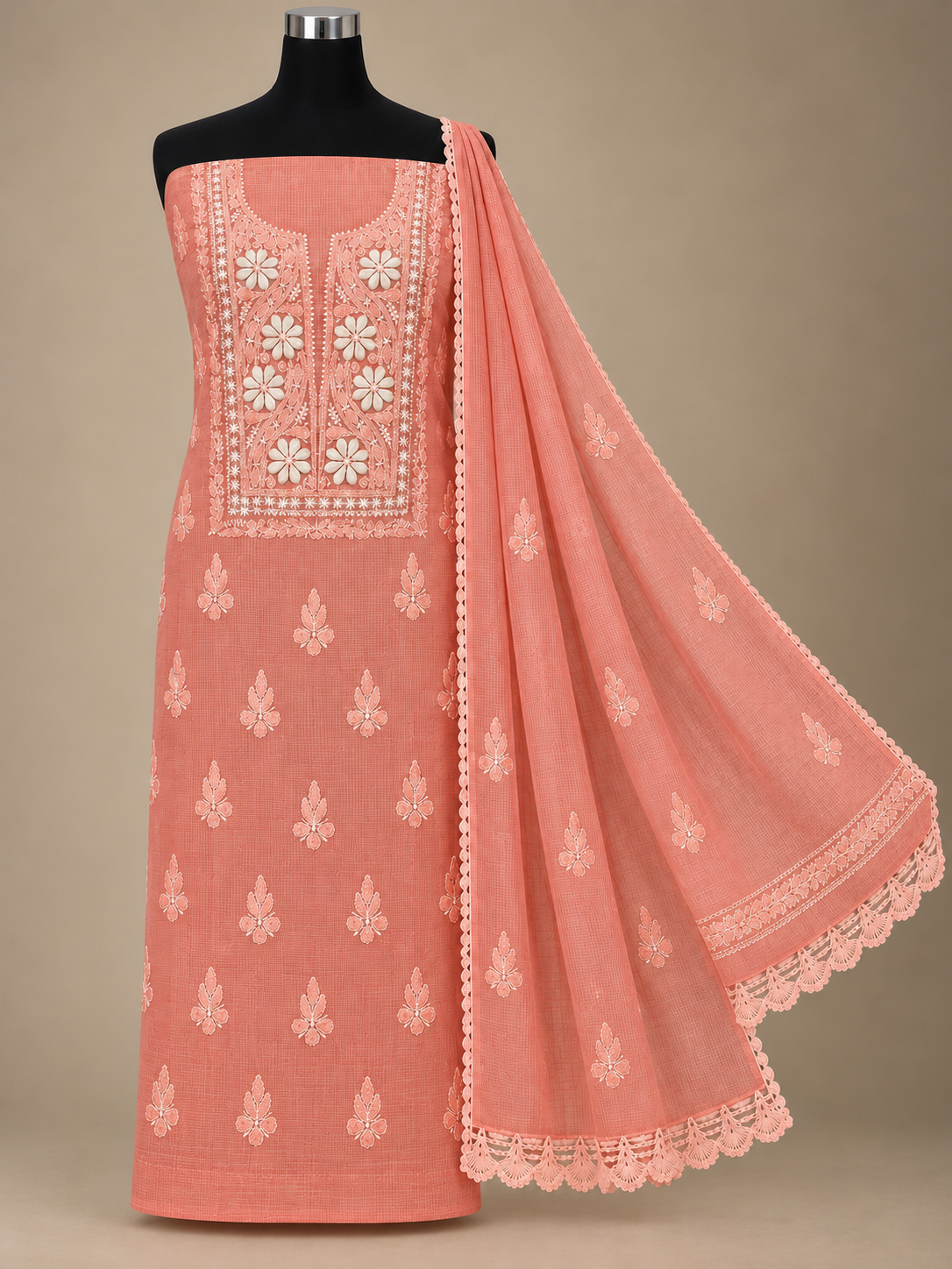 Women's Peach Kota Cotton Unstitched 2 Piece Suit Dress Material with Dupatta | Lucknowi Chikankari Hand Embroidery, Glass Gala Neck Design, All Over Work | Pooja Wedding Festive