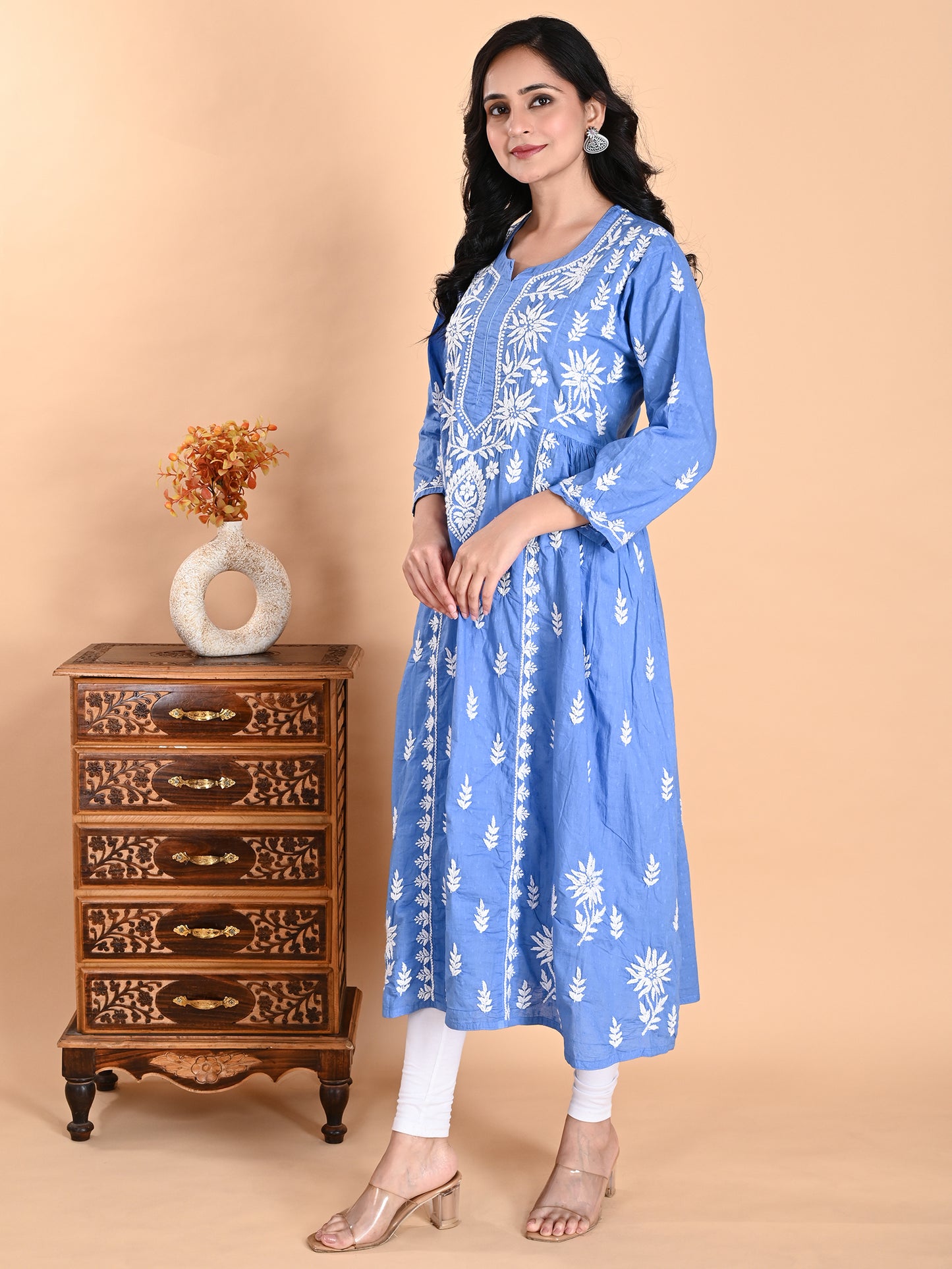 Blue Cotton Lucknowi Chikankari Long Gown Style Kurta for Women with White Hand Embroidery – Ethnic Wear Kurti
