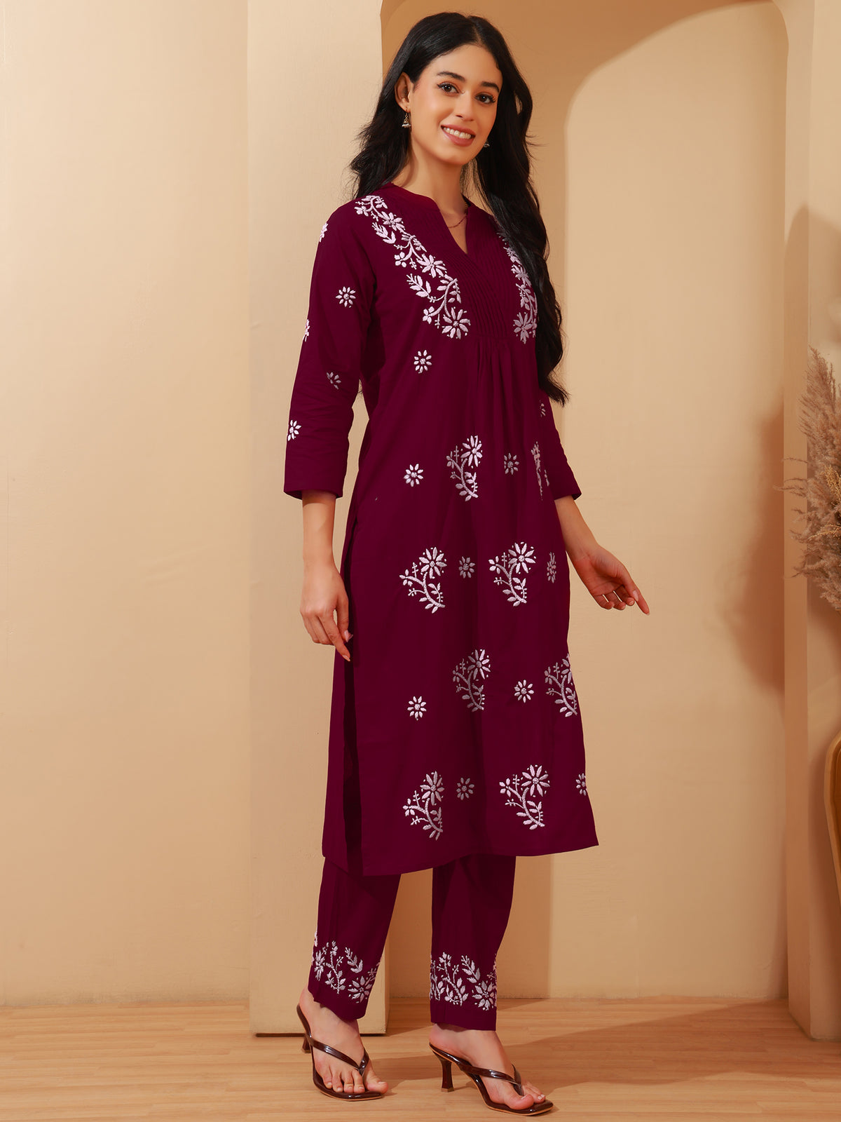 Nazaira Cotton Chikankari Kurta Pant Set for Women | Wine A-Line Long Kurti with Hand Embroidery | Lucknowi Chikankari Ethnic Wear with Pants & Pockets | Handmade Handwork Kurta Set