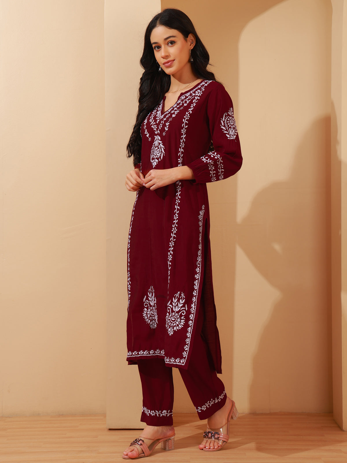 Nazaira Chanderi Chikankari Kurta Pant Set for Women | Maroon Long Kurti with Hand Embroidery | Lucknowi Chikankari Ethnic Wear | Matching Pants with Pockets | Traditional Handwork