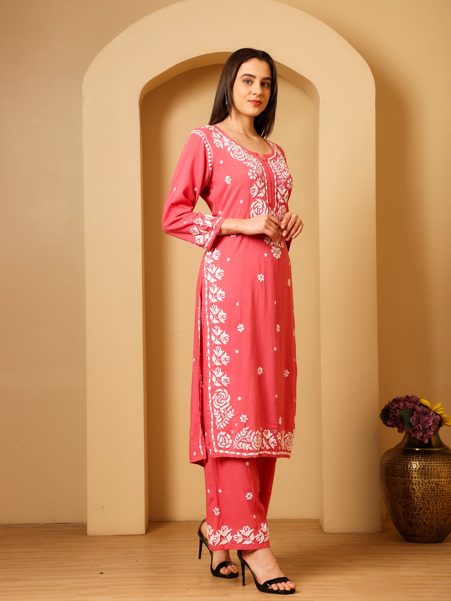 Nazaira Women’s Rayon 3D Work Lucknow Chikankari Kurta with Palazzo Set | Hand Embroidered Lucknawi Chickankari Kurti | Ethnic Wear for Women | Coral Pink |