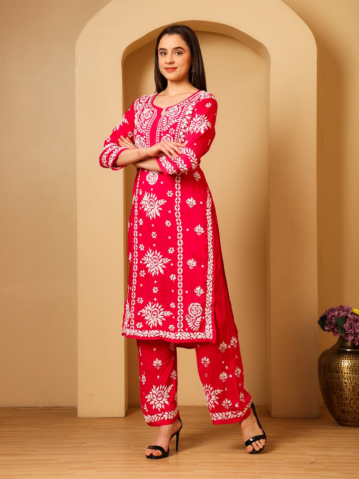 Nazaira Modal Lucknow Chikankari Kurta Set for Women with Palazzo | 3D Hand Embroidery Long Kurti | Ethnic Wear for Women | Handmade Luckhnawi Chickankari | Rani Pink |