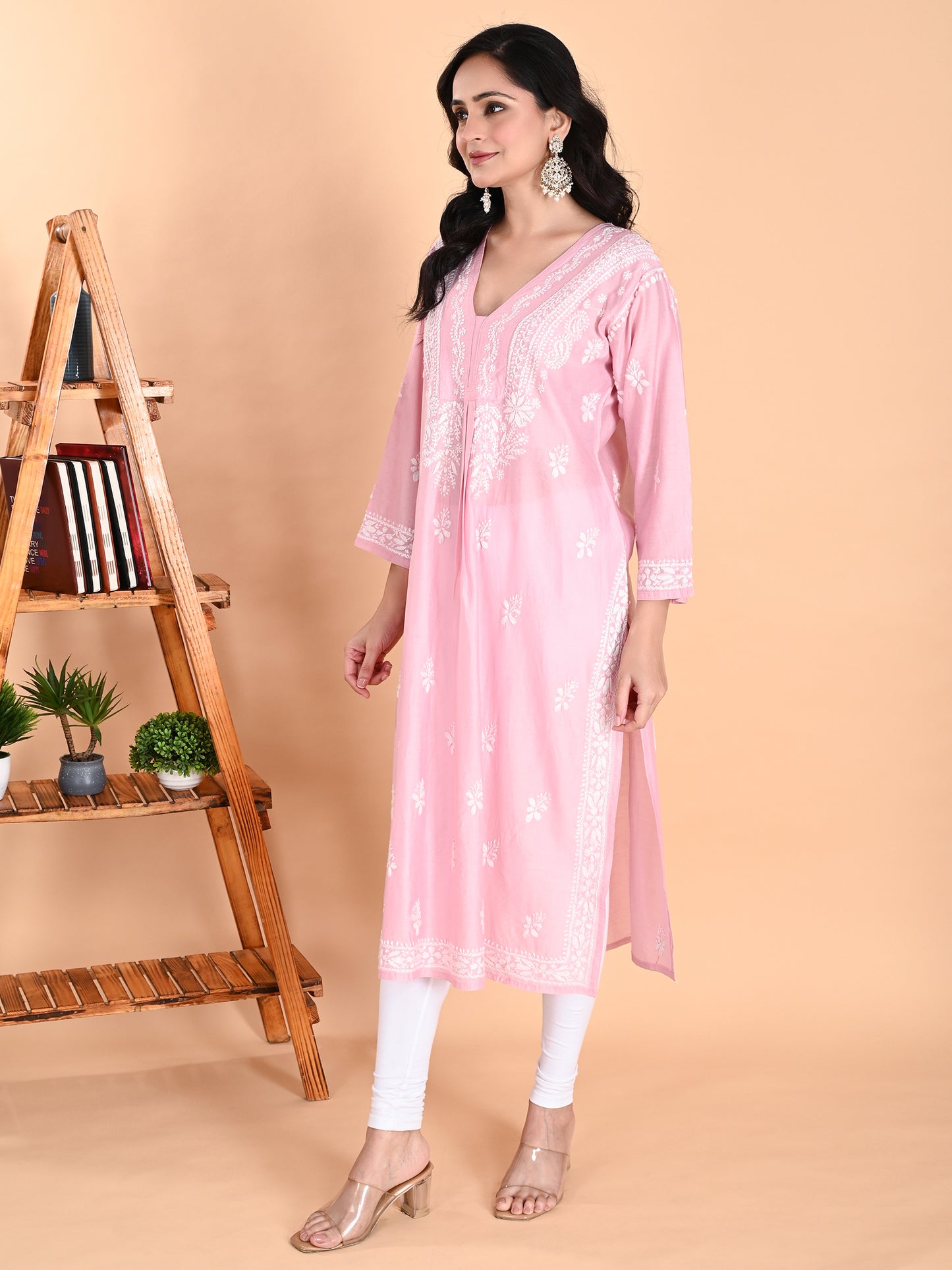Pink Chanderi Lucknowi Chikankari Anarkali Kurta for Women with White Hand Embroidery – Handmade Ethnic Wear Kurti
