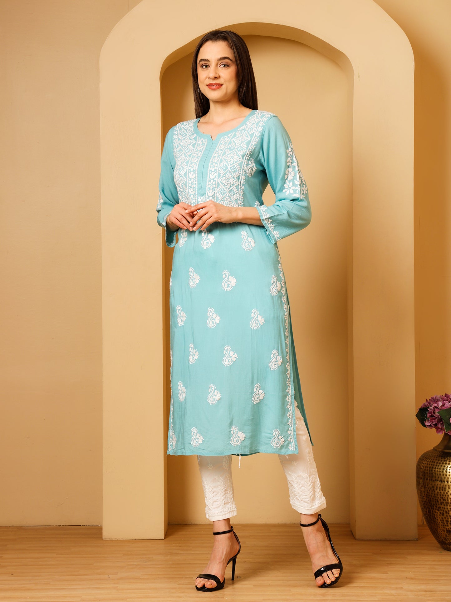 Nazaira Women’s Modal Chikankari Kurta Sea Green | Hand Embroidered Lucknowi Chikankari Kurti | Ethnic Wear Long Kurta for Women | Lightweight Breathable Daily & Festive Wear