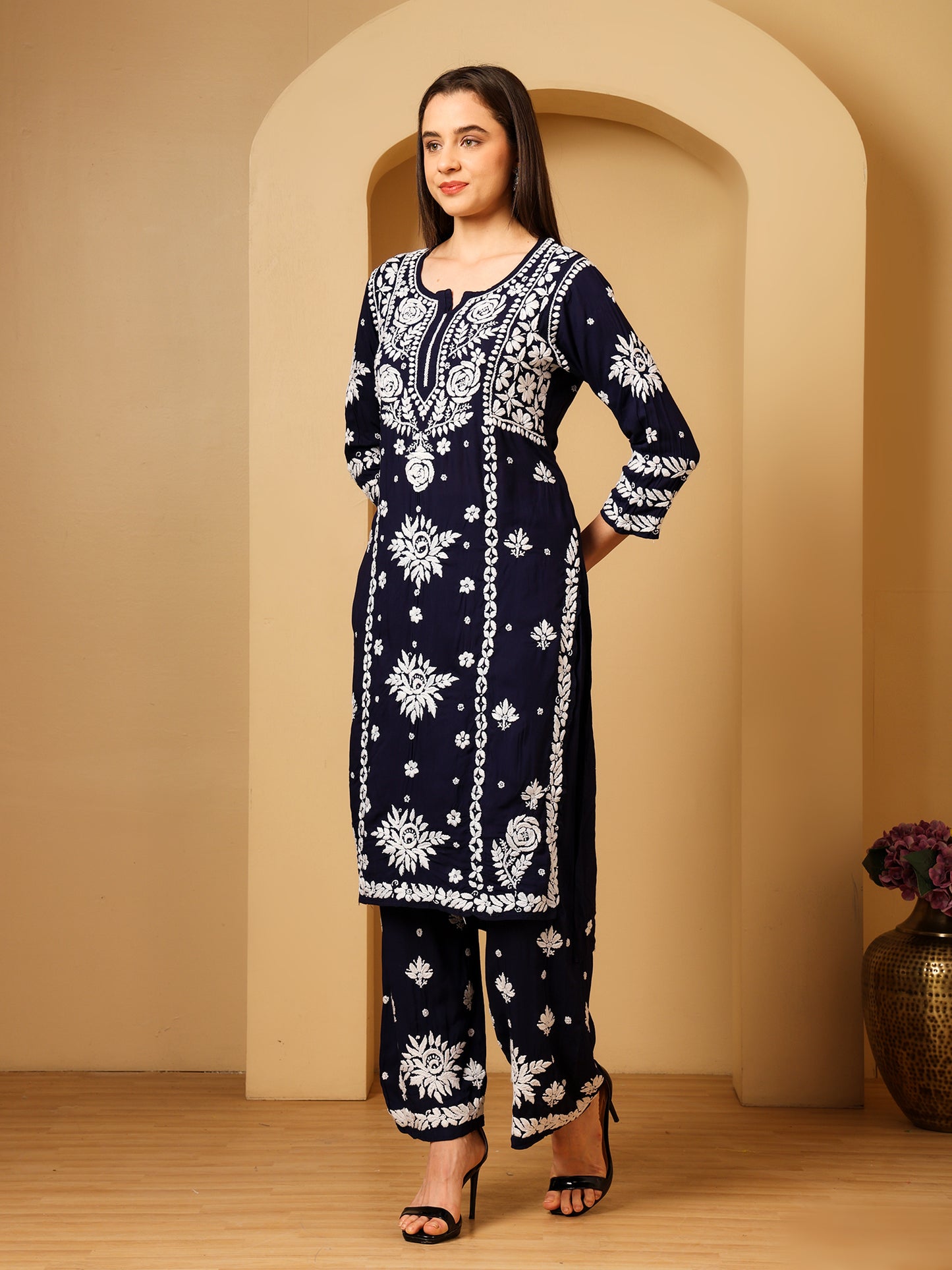 Nazaira Modal Lucknow Chikankari Kurta Set for Women with Palazzo | 3D Hand Embroidery Long Kurti | Ethnic Wear for Women | Handmade Luckhnawi Chickankari | Navy Blue |