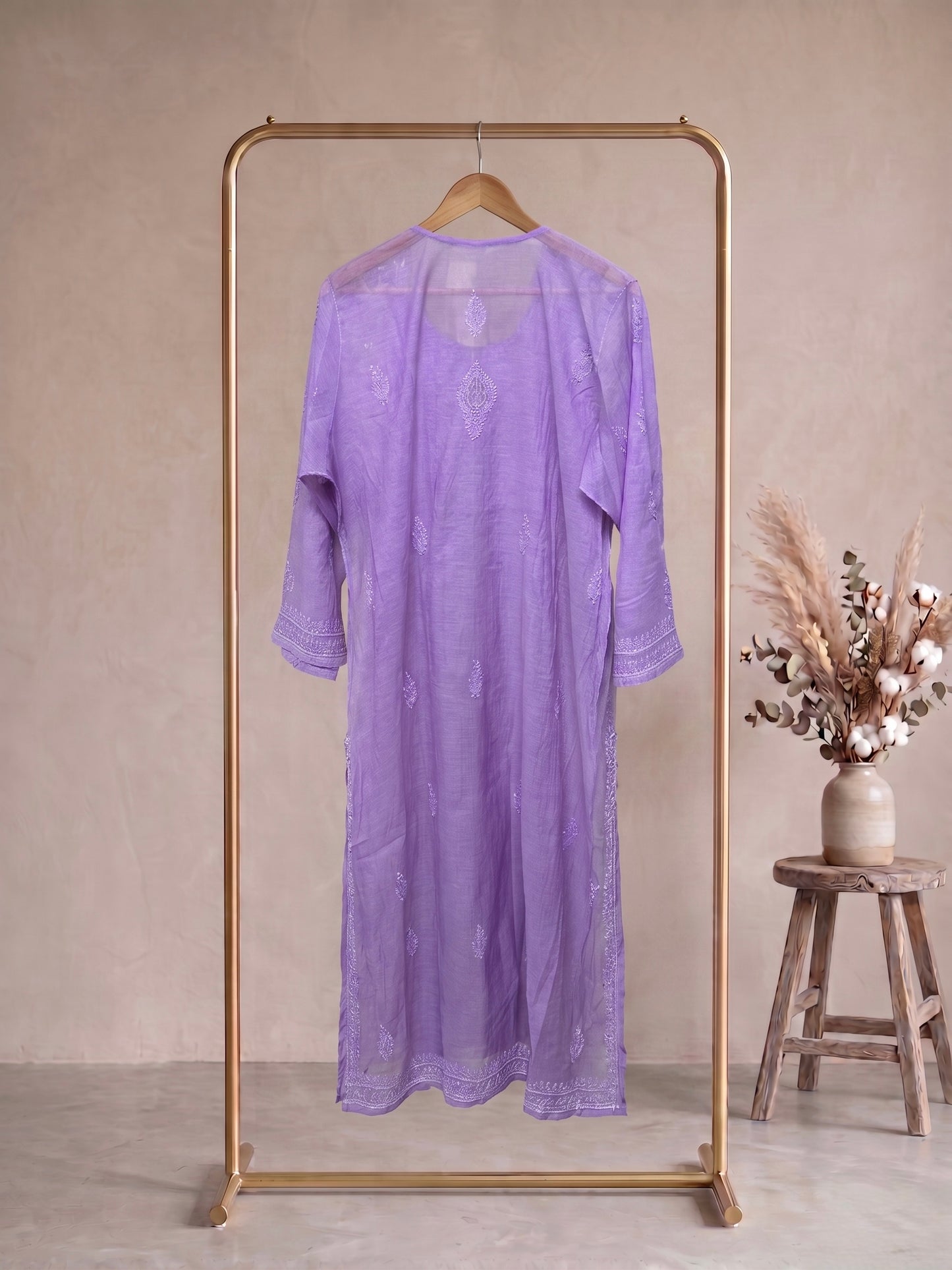 Nazaira Pure Mul Chanderi Semi-Stitched Suit for Women with Dupatta | Hand Embroidered Lucknow Chikankari Kurta Set | Naira Cut Gown Style Ethnic Wear | Heavy Cutdana & Pearl Work | Lavender