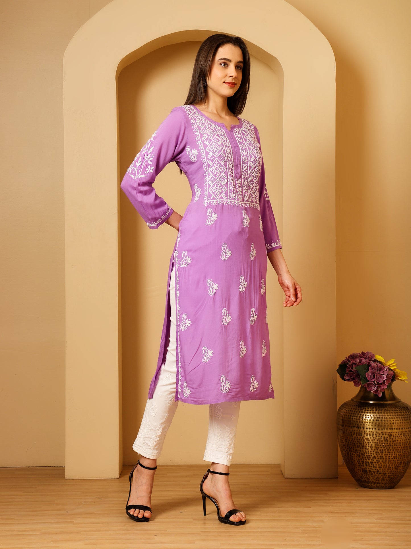 Nazaira Women’s Modal Chikankari Kurta Lavender | Hand Embroidered Lucknowi Chikankari Kurti | Ethnic Wear Long Kurta for Women | Lightweight Breathable Daily & Festive Wear