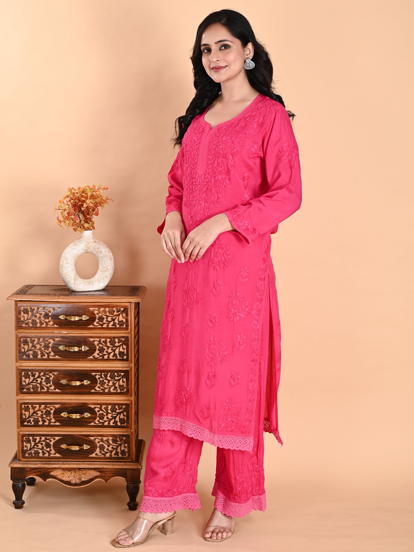 Magenta Muslin Lucknowi Chikankari Kurta with Palazzo Set for Women with Hand Embroidery – Long Ethnic Wear Suit Set