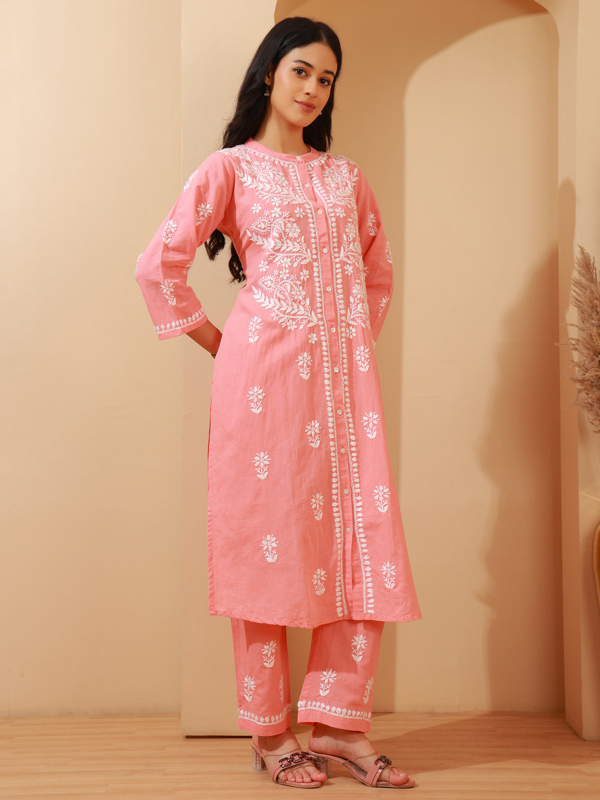 Nazaira Cotton Chikankari Kurta Pant Set for Women | Peach Lucknowi Hand Embroidered Shirt Style Long Kurta with Pant & Pockets | Handmade Ethnic Wear | Modern Traditional Chikankari Handwork