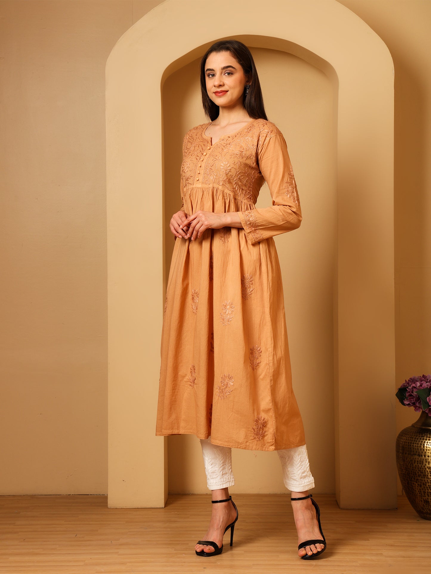 Nazaira Women’s Cotton Chikankari Kurta Gown Style Beige | Hand Embroidered Lucknow Chikankari Kurti | Ethnic Wear for Women | Long Anarkali Kurta | Handmade Cotton Kurta