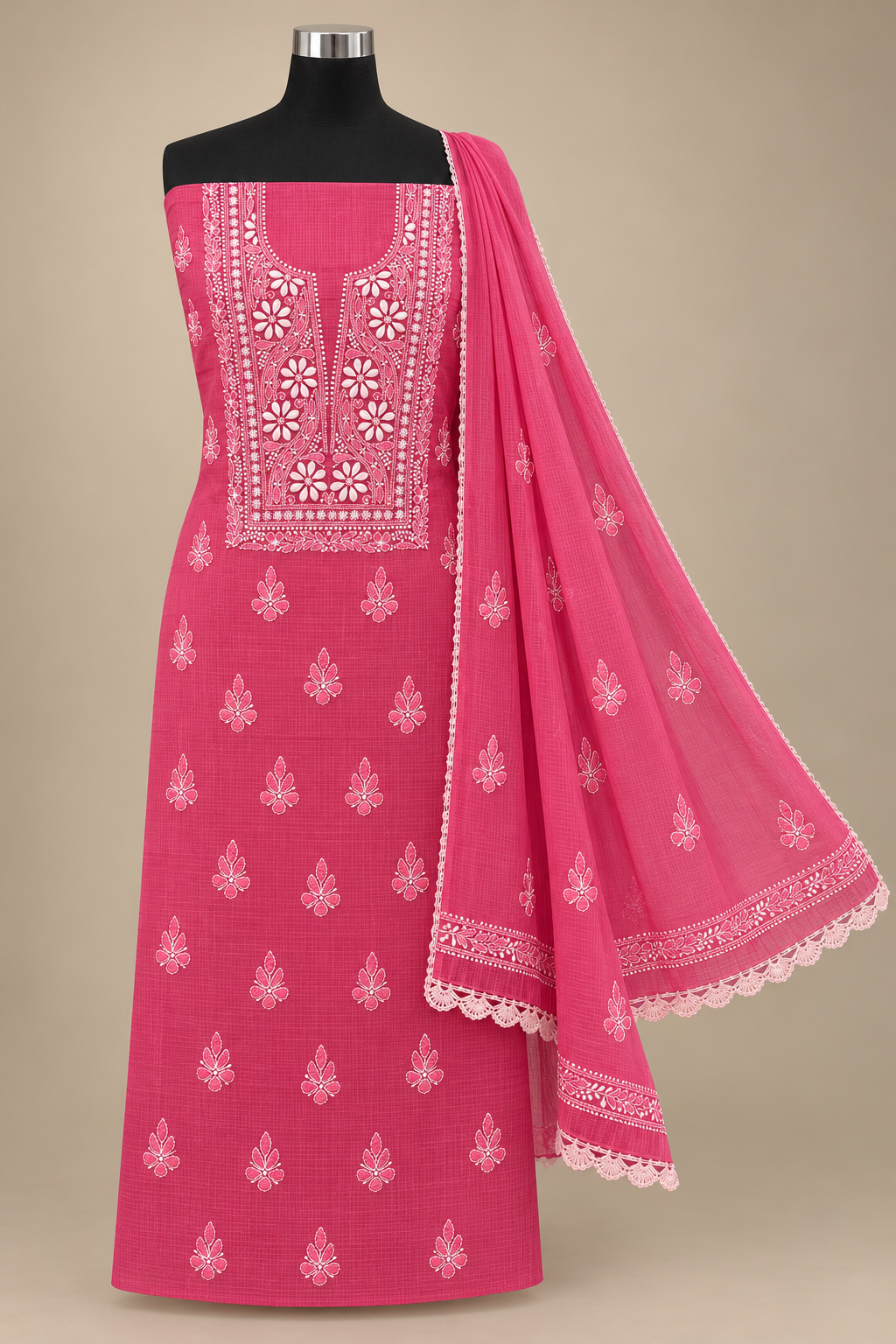 Women's Pink Kota Cotton Unstitched 2 Piece Suit Dress Material with Dupatta | Lucknowi Chikankari Hand Embroidery, Glass Gala Neck Design, All Over Work | Pooja Wedding Festive