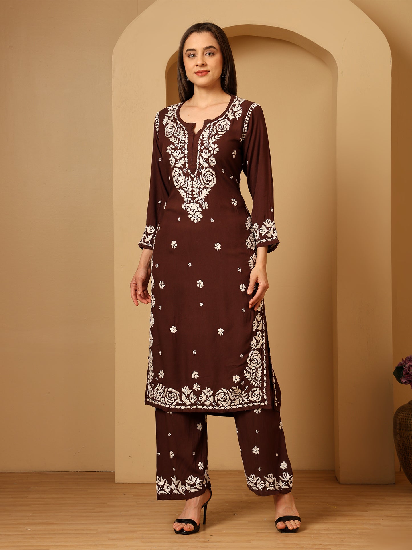 Nazaira Women’s Rayon 3D Work Lucknow Chikankari Kurta with Palazzo Set | Hand Embroidered Lucknawi Chickankari Kurti | Ethnic Wear | Brown |