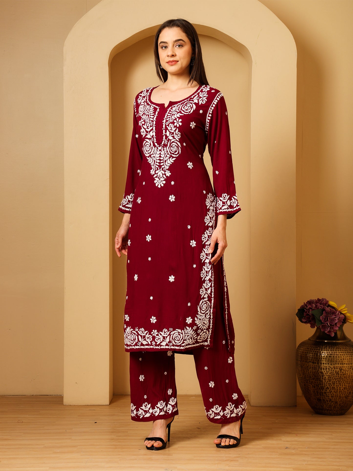 Nazaira Women’s Rayon 3D Work Lucknow Chikankari Kurta with Palazzo Set | Hand Embroidered Lucknawi Chickankari Kurti | Ethnic Wear | Maroon |