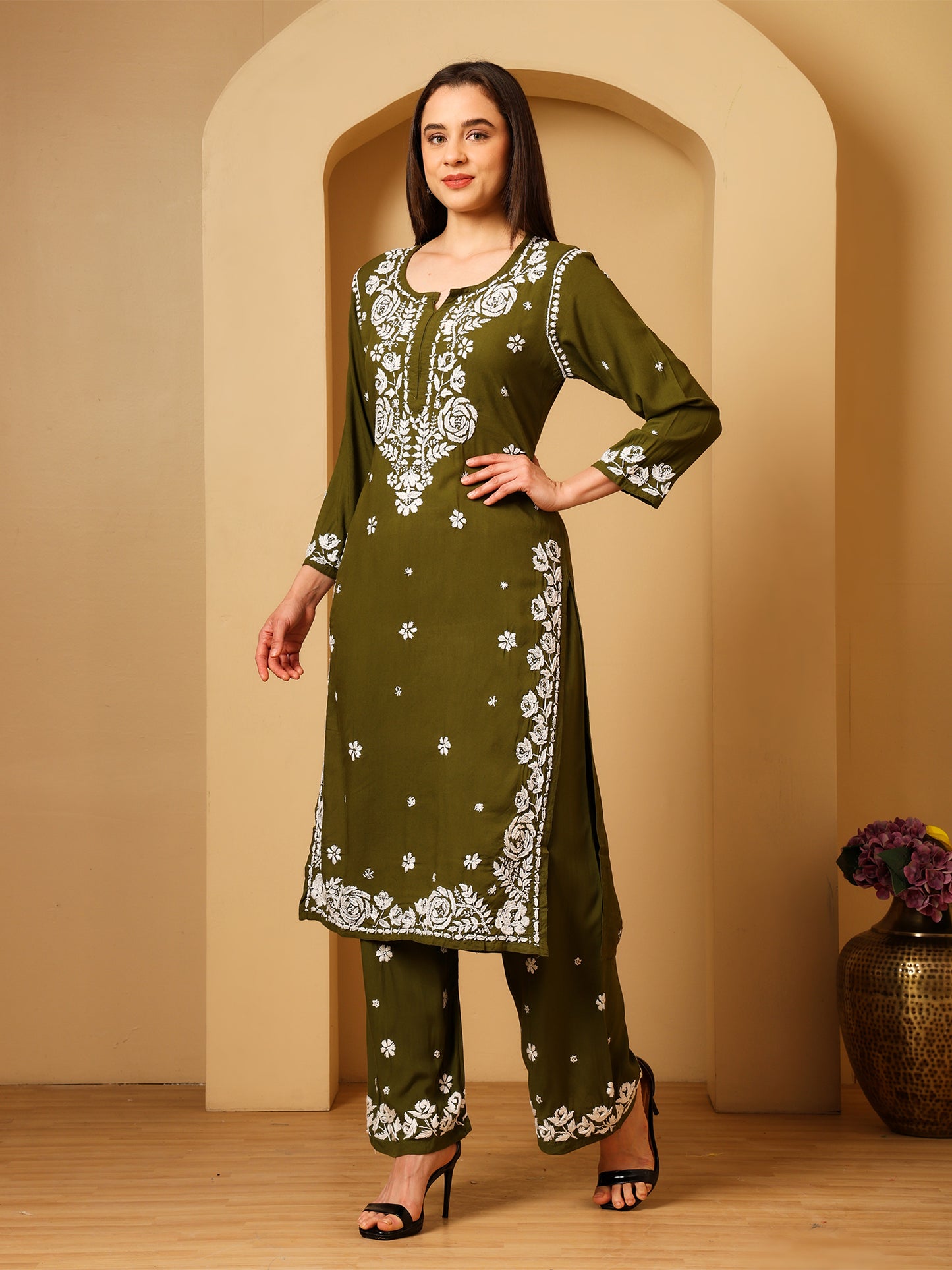 Nazaira Women’s Rayon 3D Work Lucknow Chikankari Kurta with Palazzo Set | Hand Embroidered Lucknawi Chickankari Kurti | Ethnic Wear for Women | Mehndi Green |
