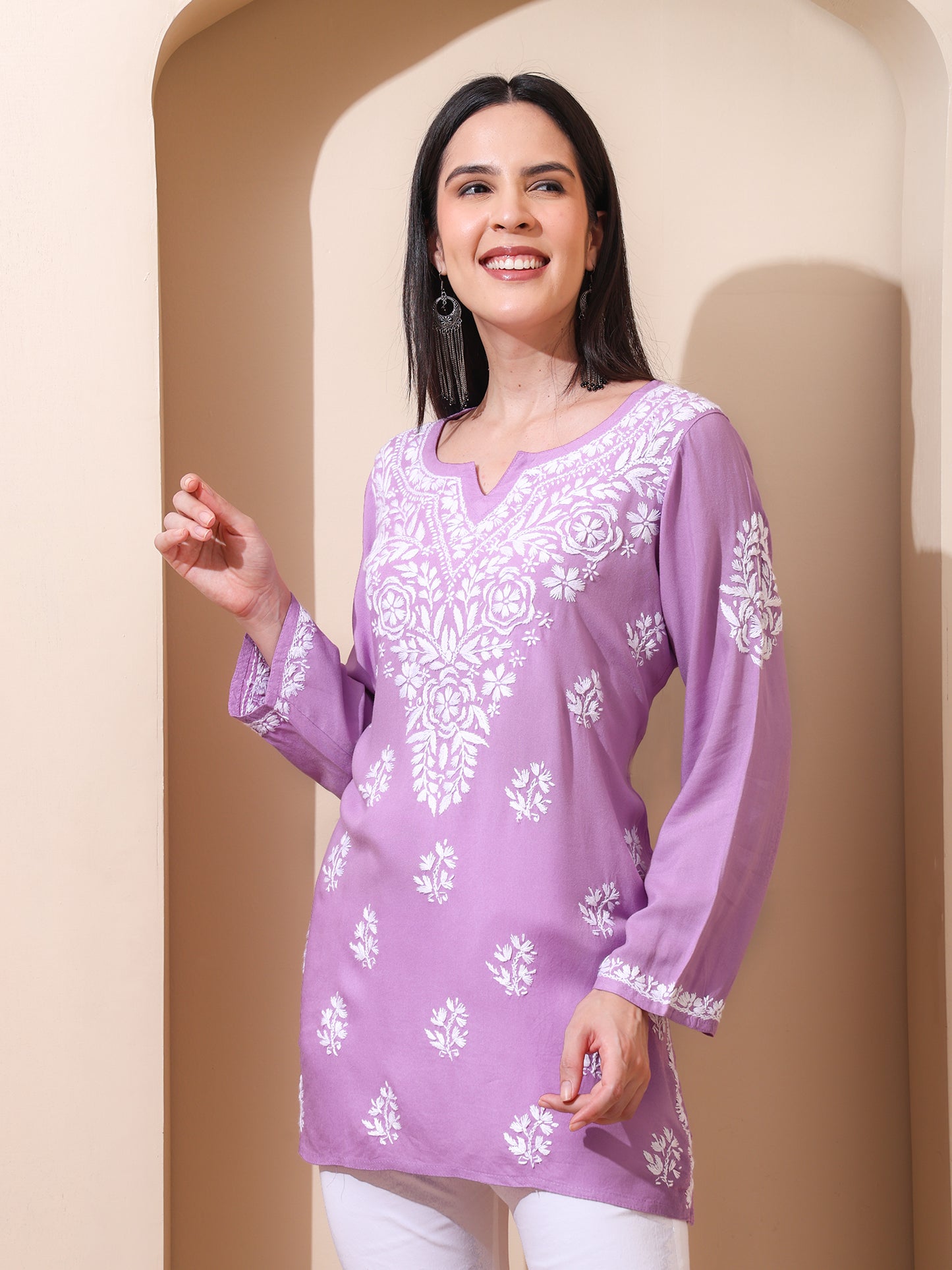 Nazaira Women’s Rayon Lucknow Chikankari Short Kurta | Handmade Hand Embroidered Luckhnawi Kurti for Women | Ethnic Wear Tunic Top for Daily, Casual Lavender