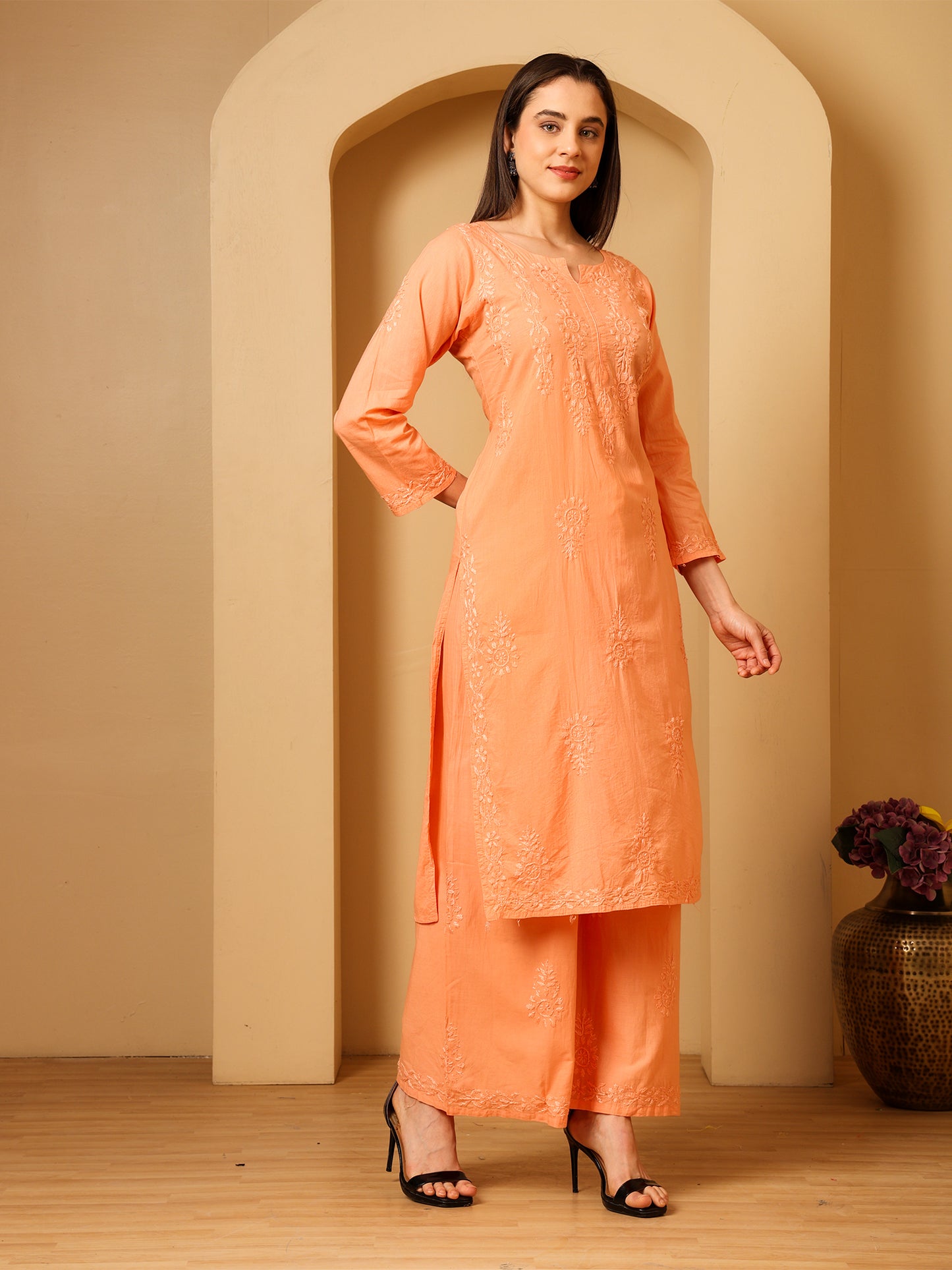 Cotton Chikankari Kurta Palazzo Set for Women | Hand Embroidered Lucknowi Chikankari Kurti with Palazzo | Ethnic Wear Long Kurta Set (Peach) | Handmade Cotton Kurta for Women