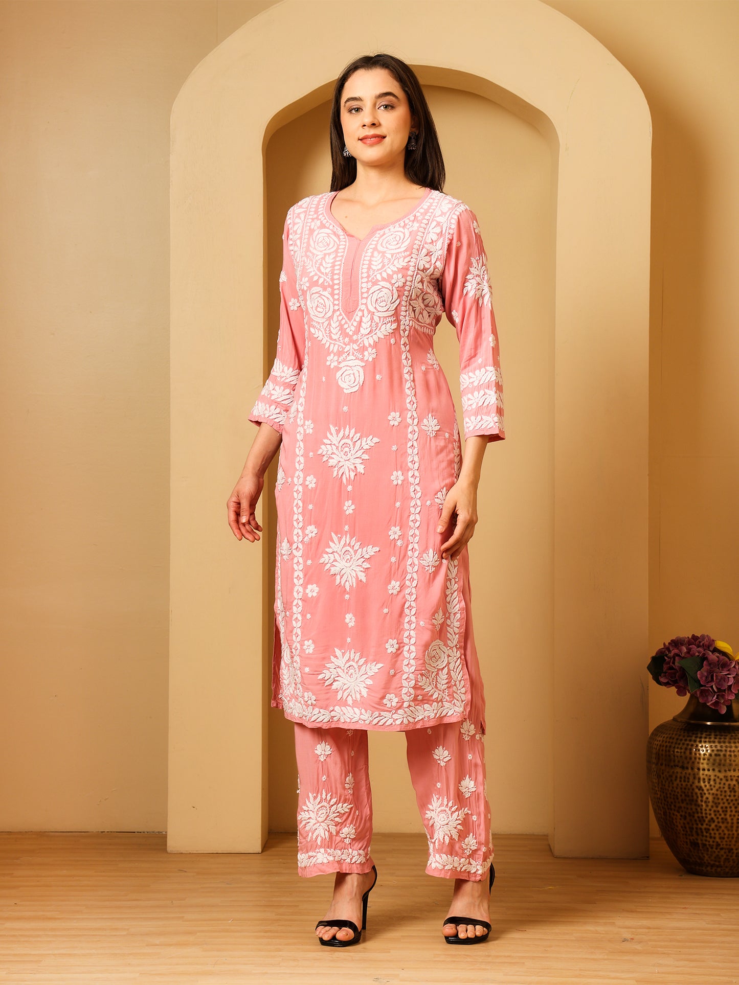 Nazaira Modal Lucknow Chikankari Kurta Set for Women with Palazzo | 3D Hand Embroidery Long Kurti | Ethnic Wear for Women | Handmade Luckhnawi Chickankari | Pink |