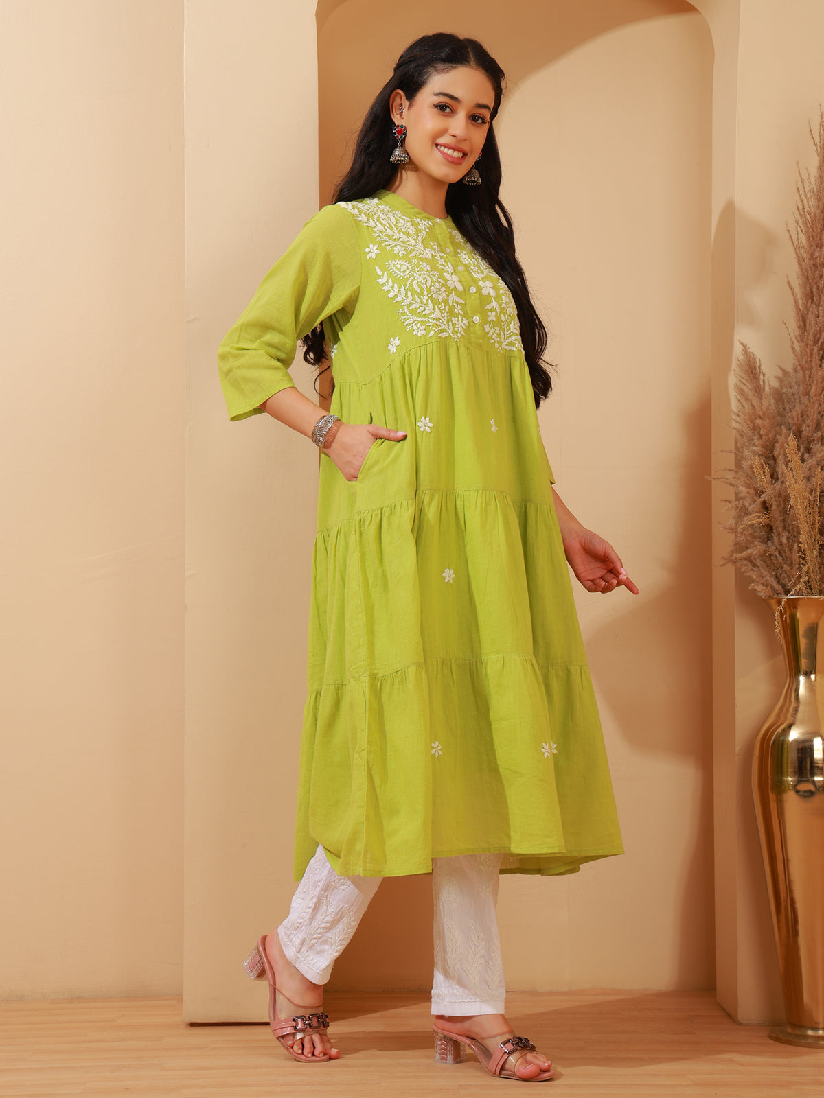 Nazaira Women’s Cotton Lucknow Chikankari Gown Style Long Kurta with Pockets | Green Hand Embroidered Ethnic Wear | Handmade Lucknowi Chikankari Kurti | Traditional Handwork