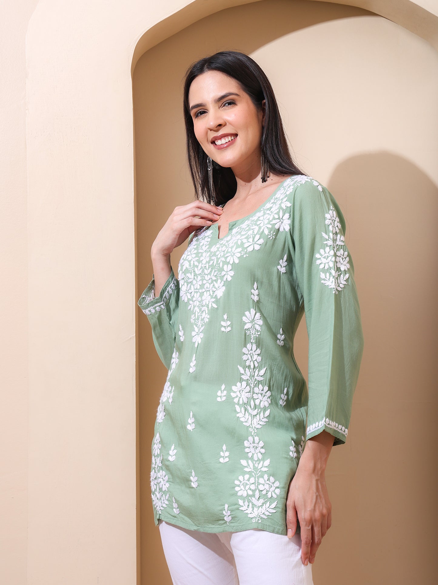 Nazaira Women’s Modal Lucknow Chikankari Short Kurta | Hand Embroidered Luckhnawi Kurti for Women | Ethnic Wear Tunic Top with Panel Work