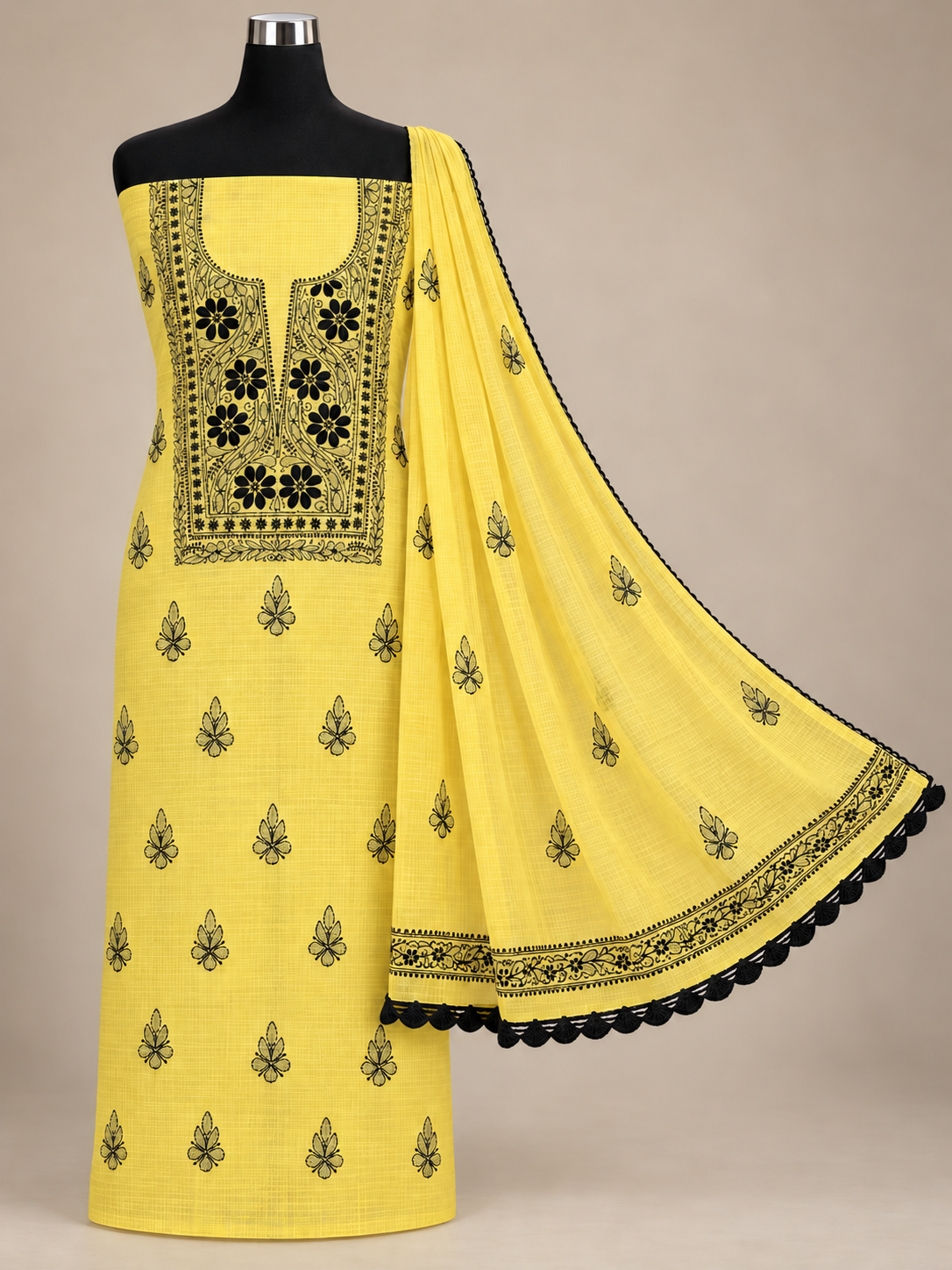 Women's Yellow Kota Cotton Unstitched 2 Piece Suit Dress Material with Dupatta | Lucknowi Chikankari Hand Embroidery, Glass Gala Neck Work, Front Back Motifs | Pooja Wedding Festive