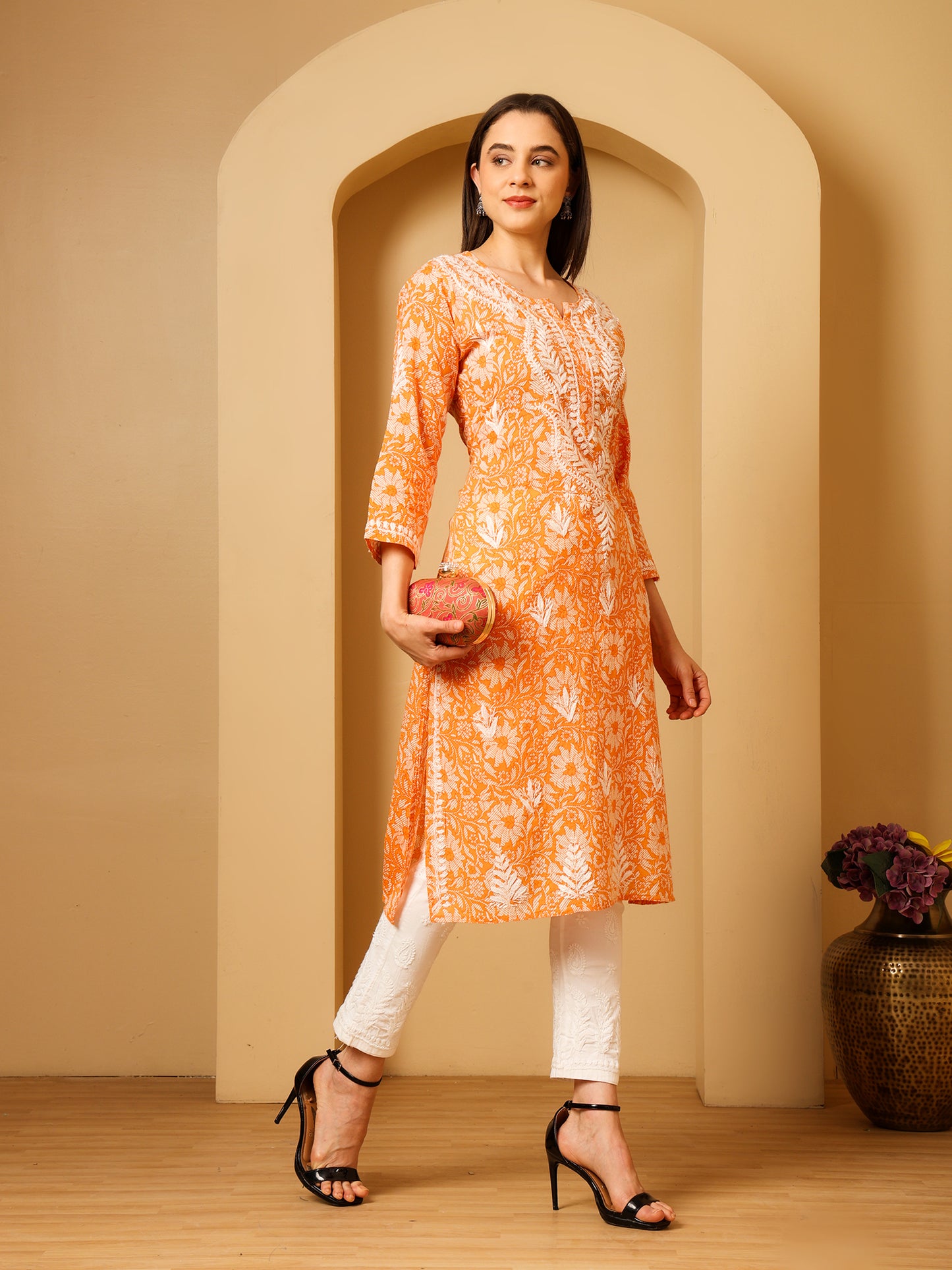 Nazaira Mulmul Cotton Chikankari Kurta for Women Orange | Hand Embroidered Lucknow Chikankari Kurti | Ethnic Wear Long Kurta for Women | Handmade Luckhnawi Chickankari Kurta