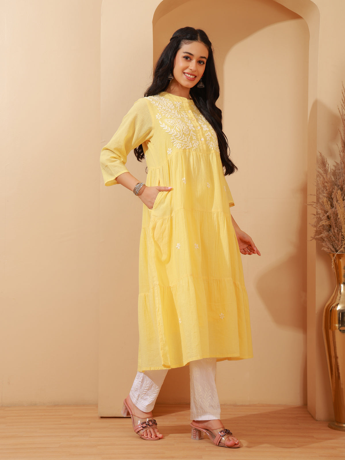 Nazaira Women’s Cotton Lucknow Chikankari Gown Style Long Kurta with Pockets | Butter Yellow Hand Embroidered Ethnic Wear | Handmade Lucknowi Chikankari Kurti | Traditional Handwork