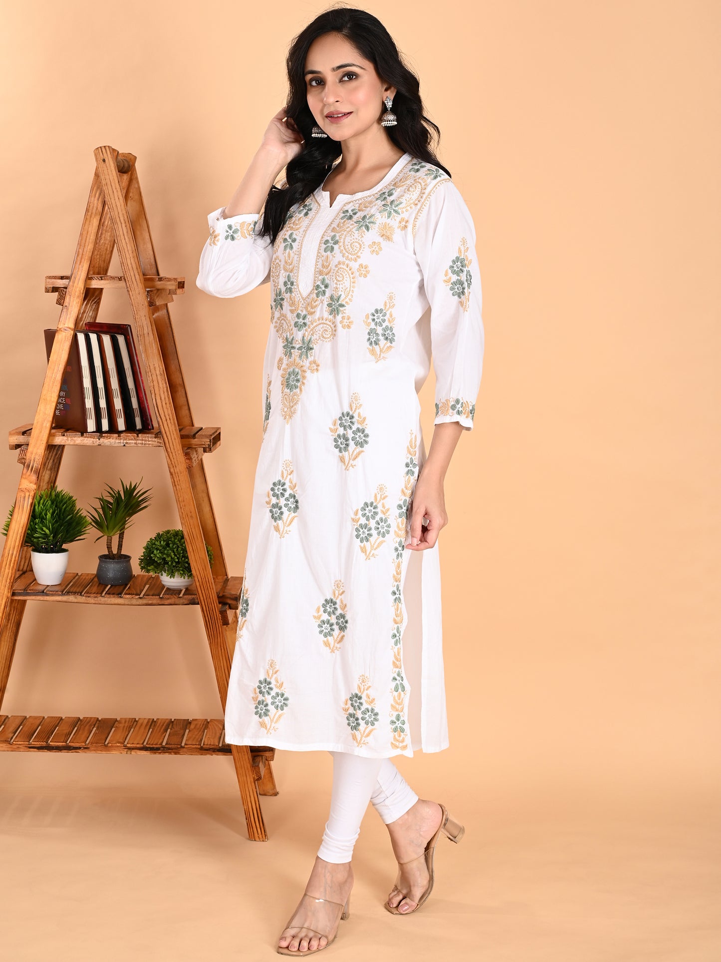 White Cotton Lucknowi Chikankari Long Kurta for Women with Green & Golden Thread Hand Embroidery – Ethnic Wear Kurti
