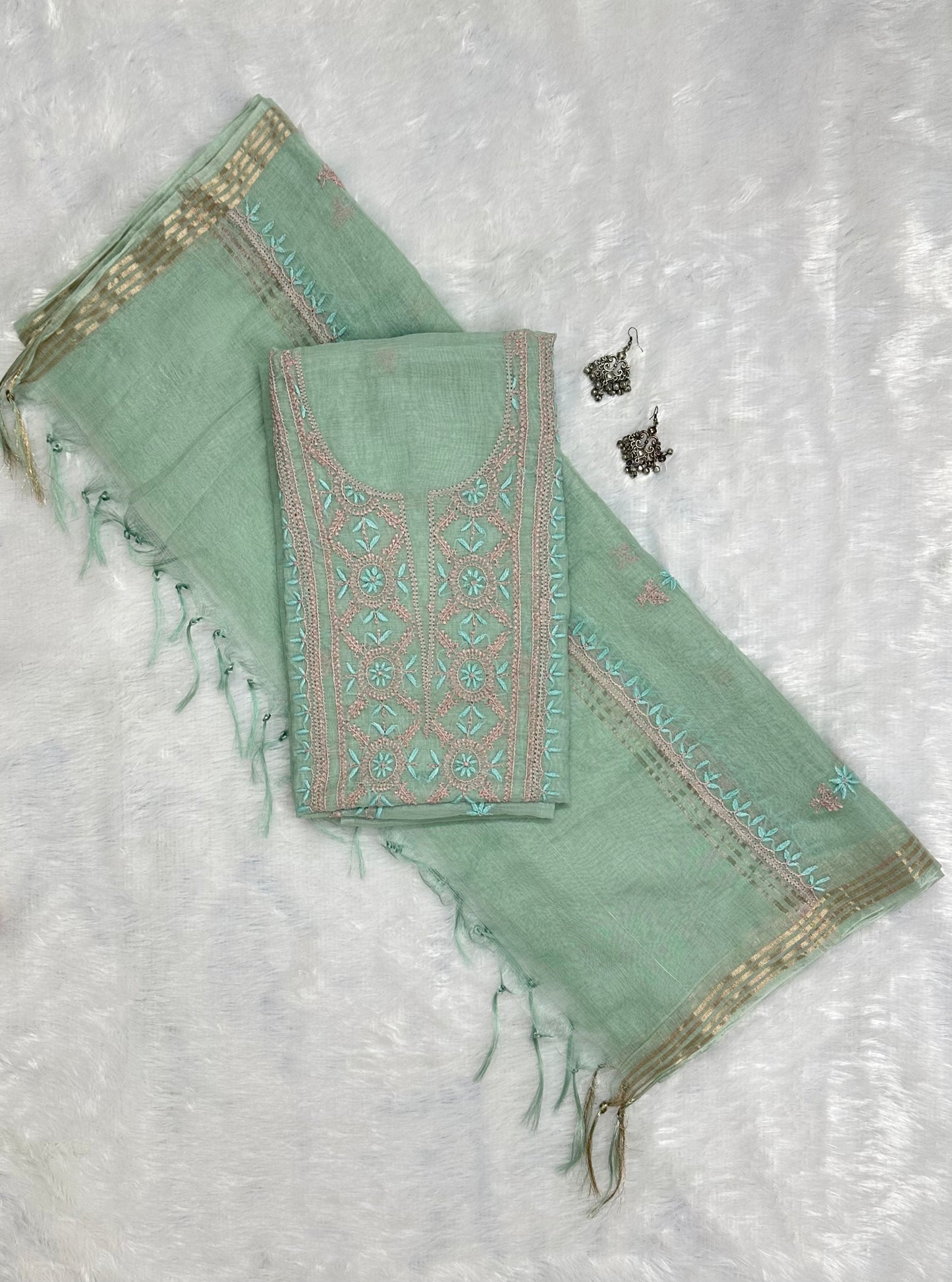 Pure Mul Chanderi Lucknowi Chikankari Unstitched Suit for Women with Dupatta – Hand Embroidered Ethnic Dress Material (2 Piece Set) - Sea Green