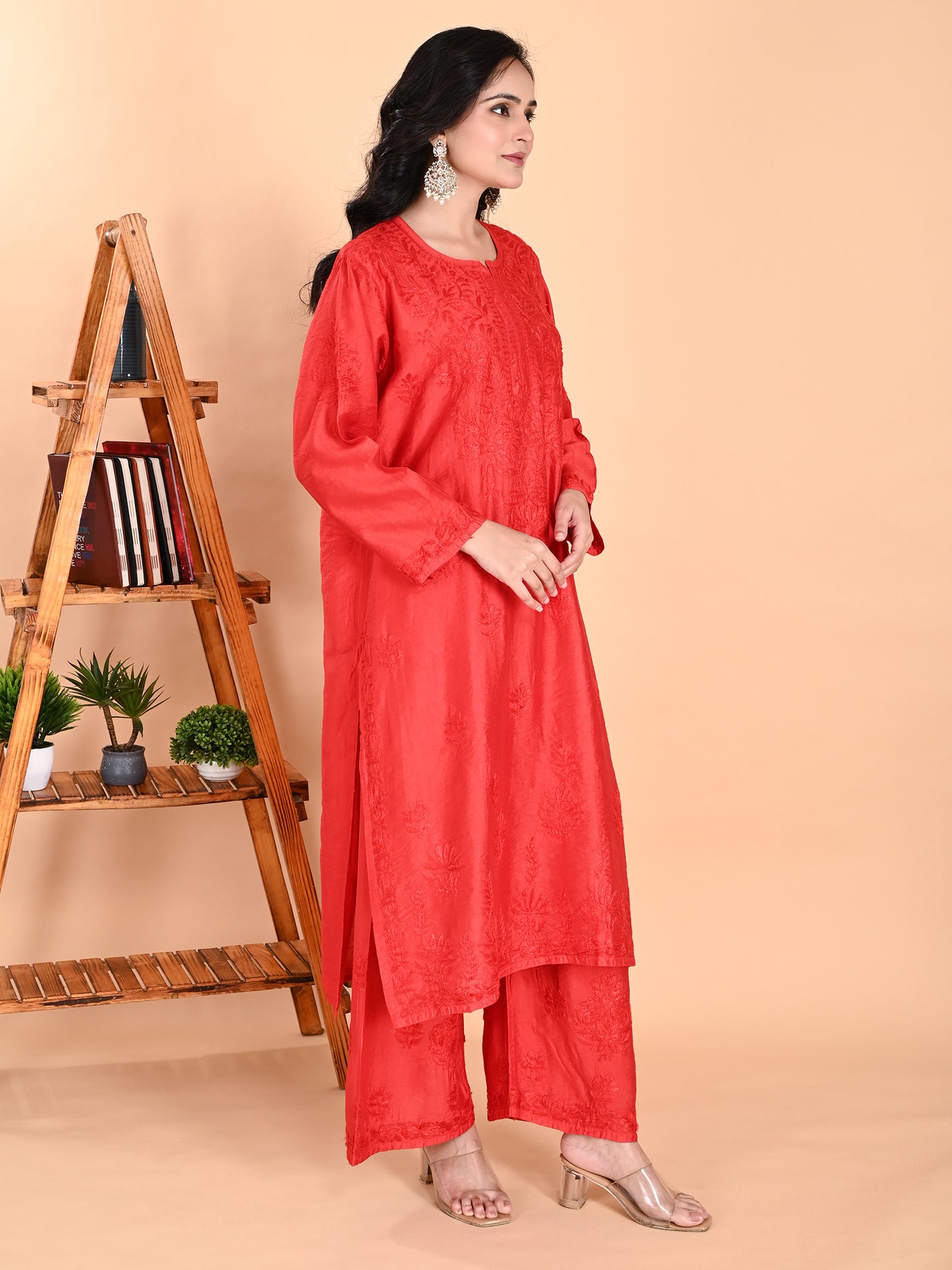 Red Chanderi Lucknowi Chikankari Kurta with Pajama Set for Women with Hand Embroidery – Long Ethnic Wear Suit Set