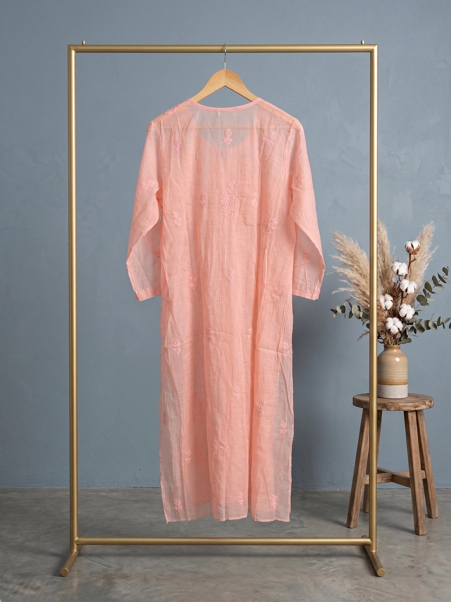 Nazaira Pure Mul Chanderi Semi-Stitched Lucknow Chikankari Suit for Women with Dupatta | Hand Embroidered Naira Cut Gown Style Dress Material | Heavy Cutdana Work | Ethnic Wear | Pastel Peach |