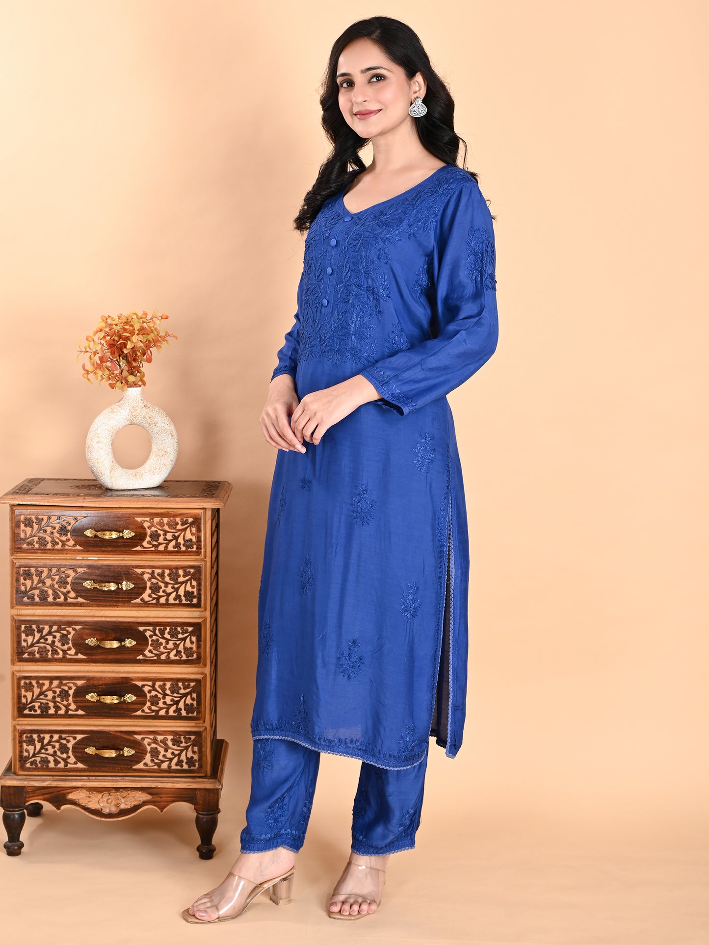 Blue Muslin Lucknowi Chikankari Kurta Set with Pajama for Women with Hand Embroidery – Festive Ethnic Wear Long Kurti Set