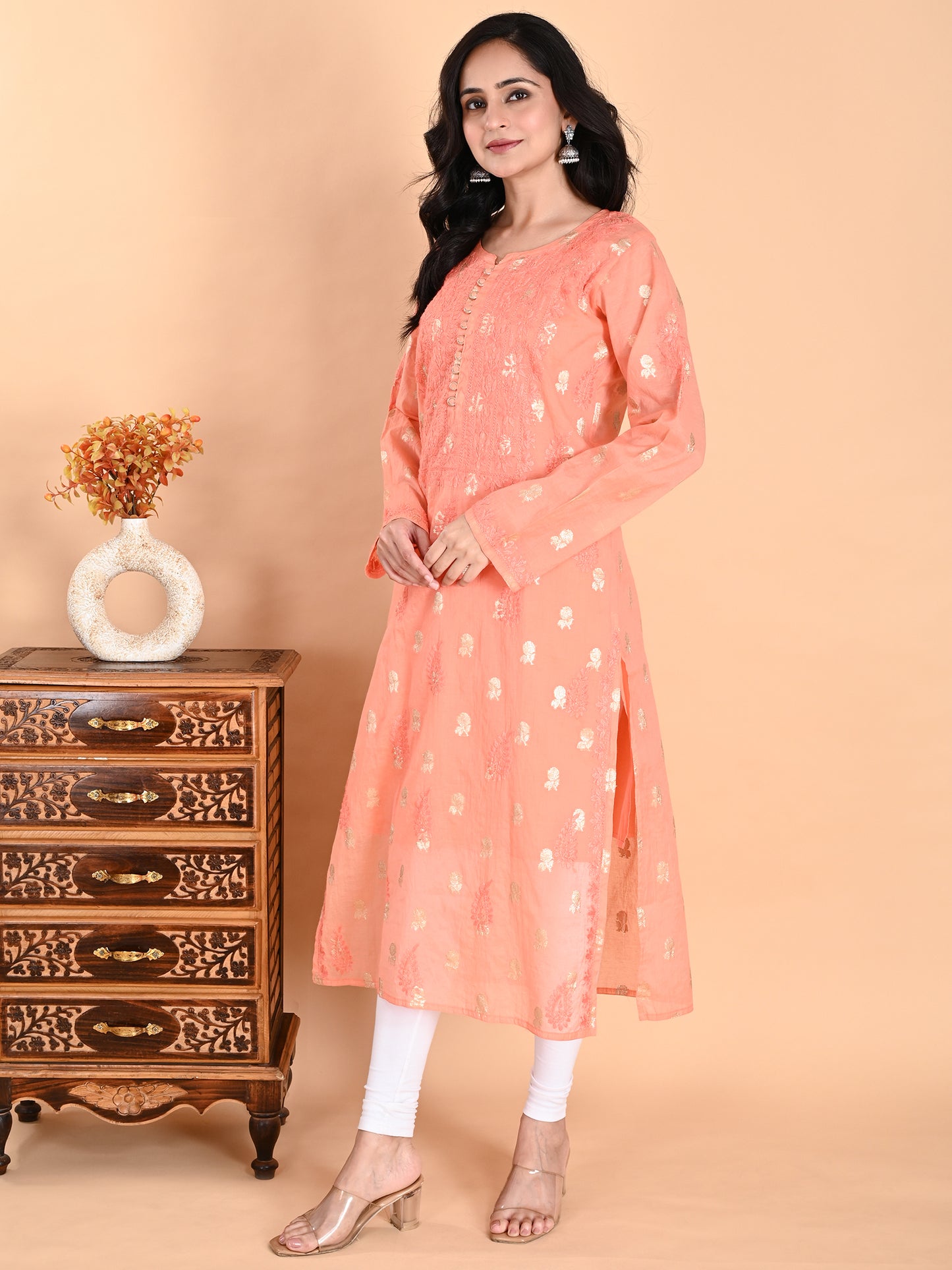Peach Mul Chanderi Lucknowi Chikankari Long Kurta for Women with Inner, Banarasi Boota Hand Embroidery – Ethnic Wear Kurti
