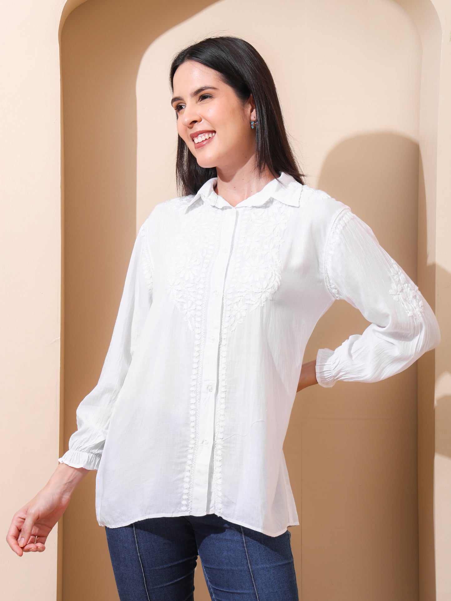 Nazaira Women’s Modal Lucknow Chikankari Shirt for Women | Hand Embroidered Luckhnawi Chickankari Top | White Ombre Ethnic Wear Shirt with 3/4 Sleeves | Handmade for Women
