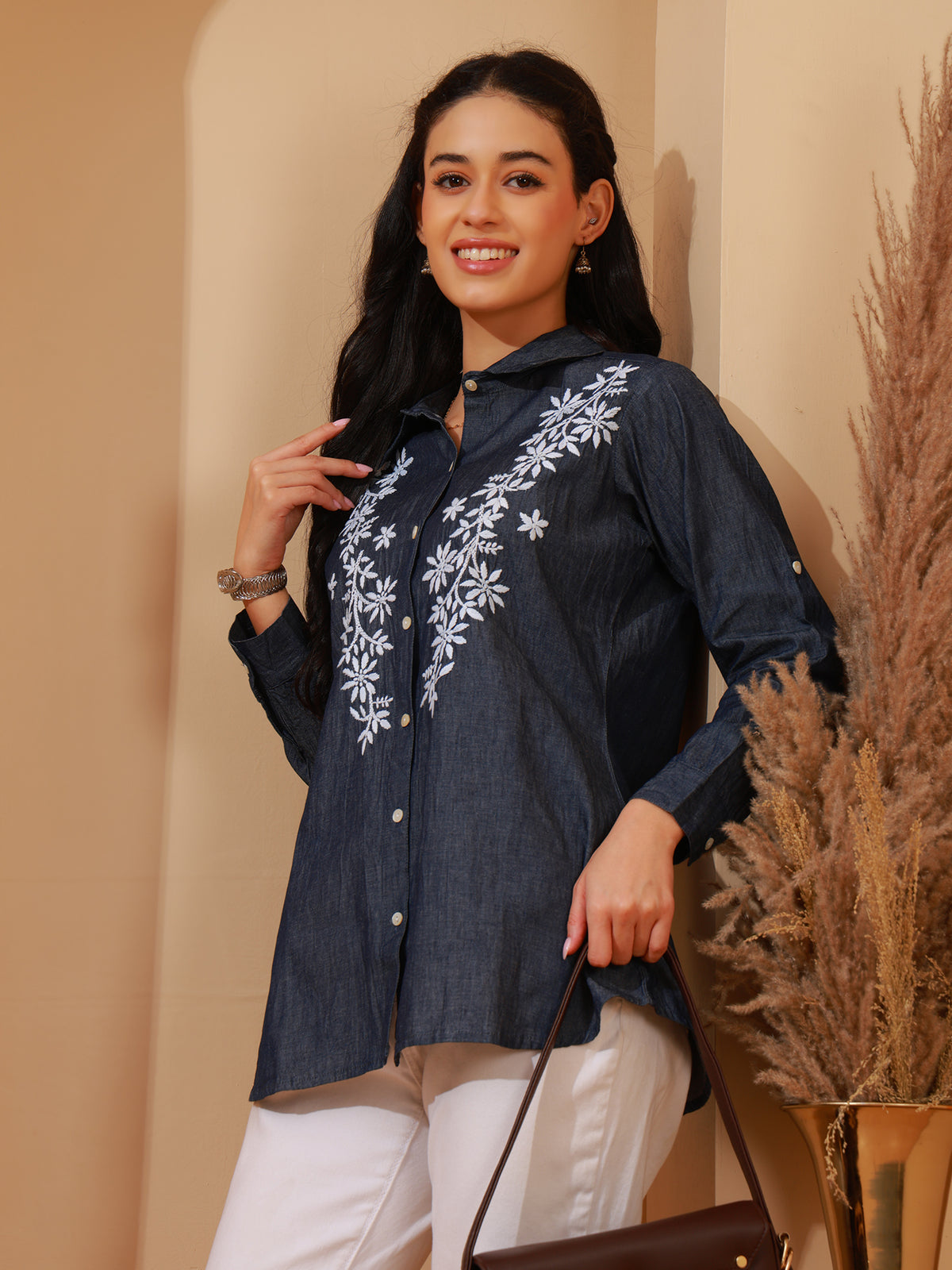 Nazaira Denim Chikankari Shirt for Women | Blue Hand Embroidered Shirt with White Floral Lucknow Chikankari | Long Sleeve Modern Ethnic Wear | Office, Casual & College Wear