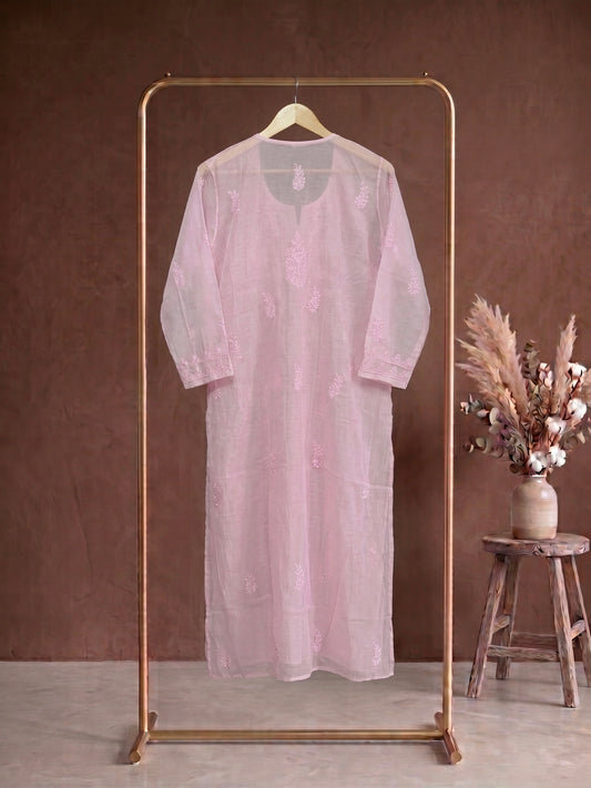Nazaira Pure Mul Chanderi Semi-Stitched Suit for Women with Dupatta | Authentic Lucknow Chikankari Hand Embroidery | Heavy Cutdana Work | Naira Cut Gown Style Dress Material | Baby Pink Ethnic Wear