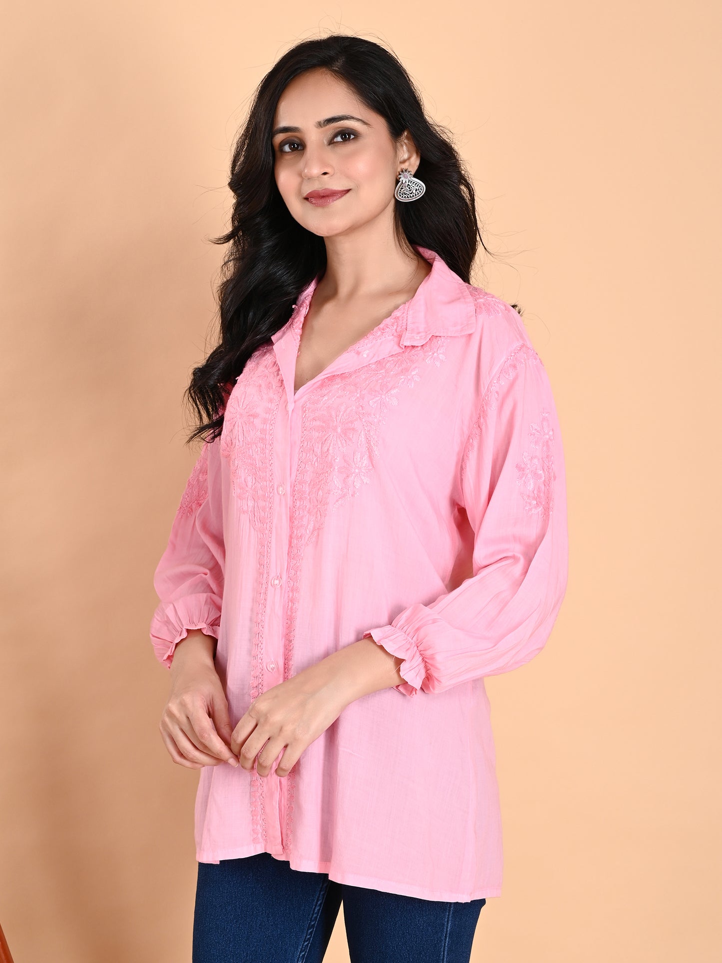 Pink Modal Lucknowi Chikankari Shirt Style Short Kurti for Women with Hand Embroidery – Casual Ethnic Wear Top