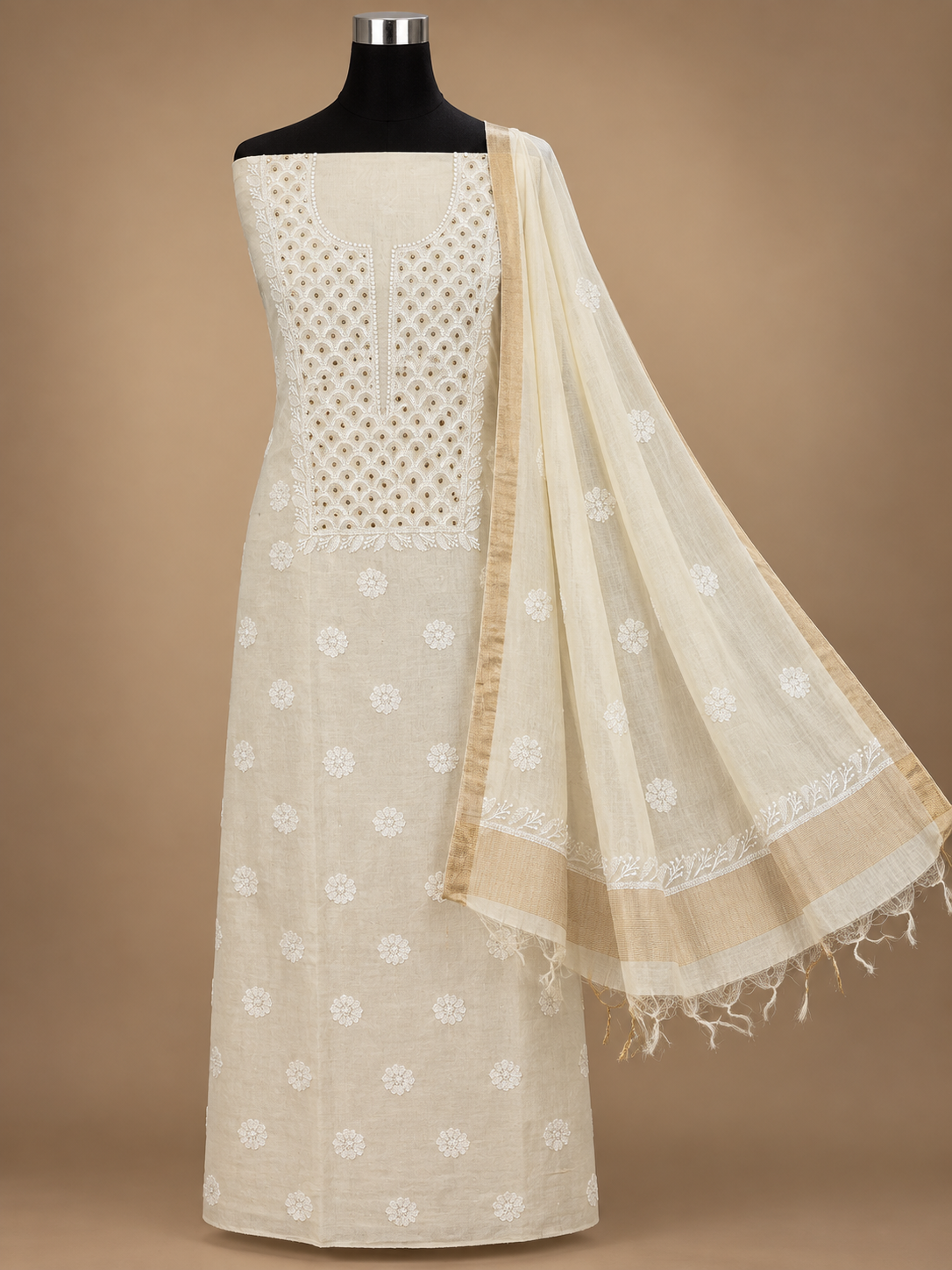 NAZAIRA Women's Cream Silk Chanderi Unstitched Suit Material with Dupatta | 2 Piece Lucknow Chikankari | Hand Embroidery with Mukaish Work and Glass Gala Neck Design | Festive, Wedding, Ethnic