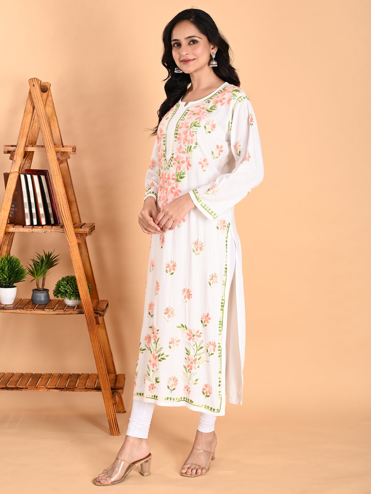 White Rayon Lucknowi Chikankari Long Kurta for Women with Peach & Green Floral Hand Embroidery – Ethnic Wear Kurti