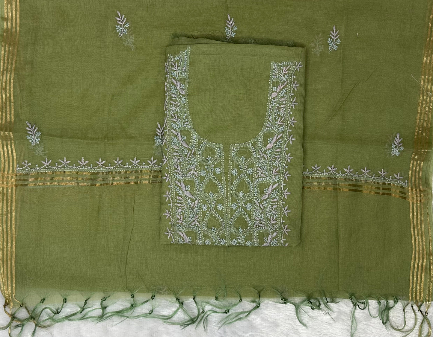 Pure Mul Chanderi Lucknowi Chikankari Unstitched Suit for Women with Dupatta – Hand Embroidered Ethnic Dress Material (2 Piece Set) - Green